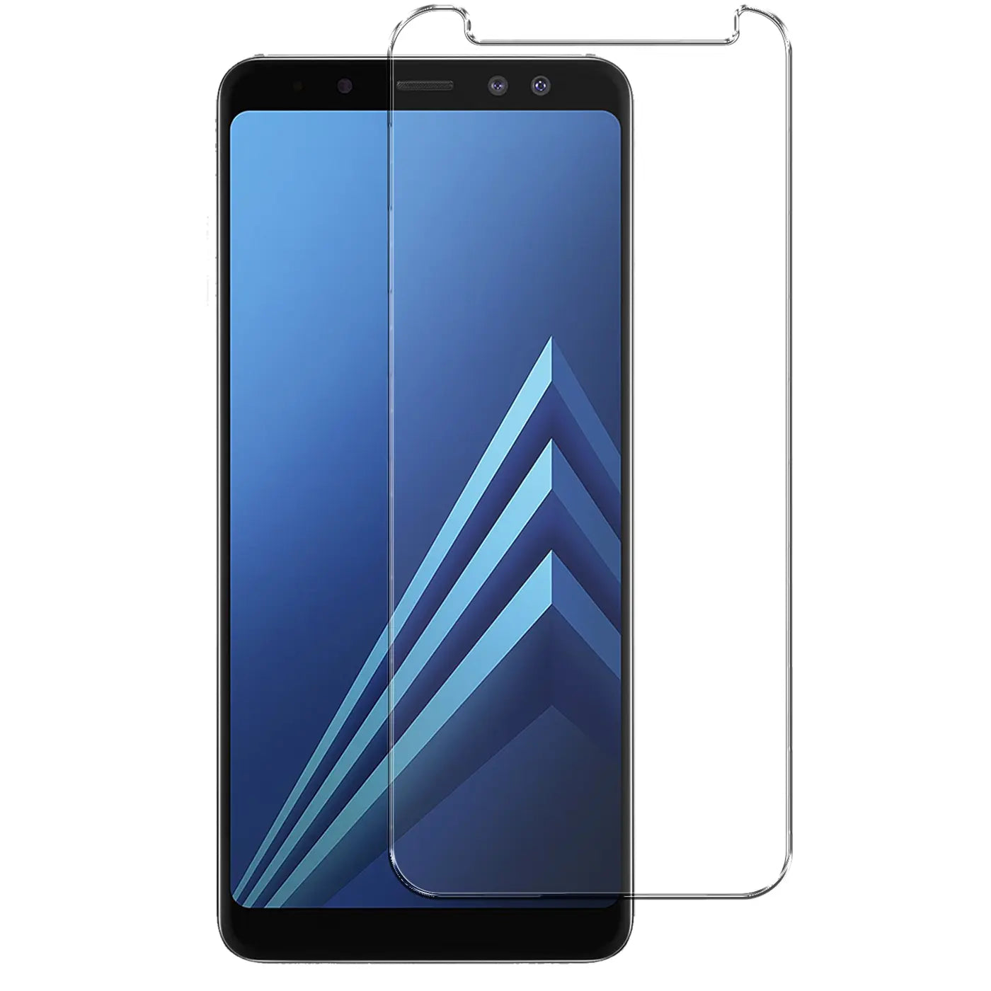 Schwarzes Samsung Galaxy A8 2018 Handy mit blauem Display, daneben ein transparentes Panzerglas von vorne.
