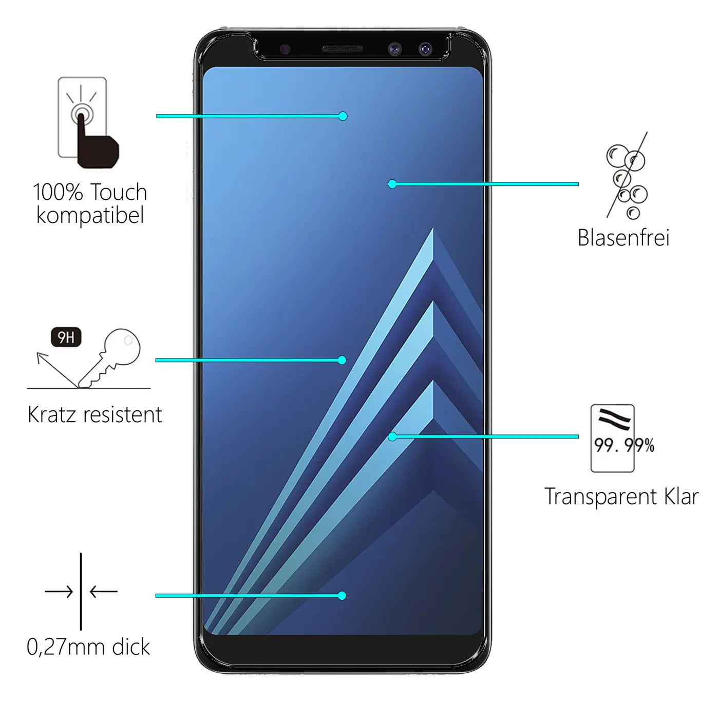 Schwarz-blaues Samsung Galaxy A8 2018 von vorne mit transparentem Panzerglas und Beschreibungen der Eigenschaften.