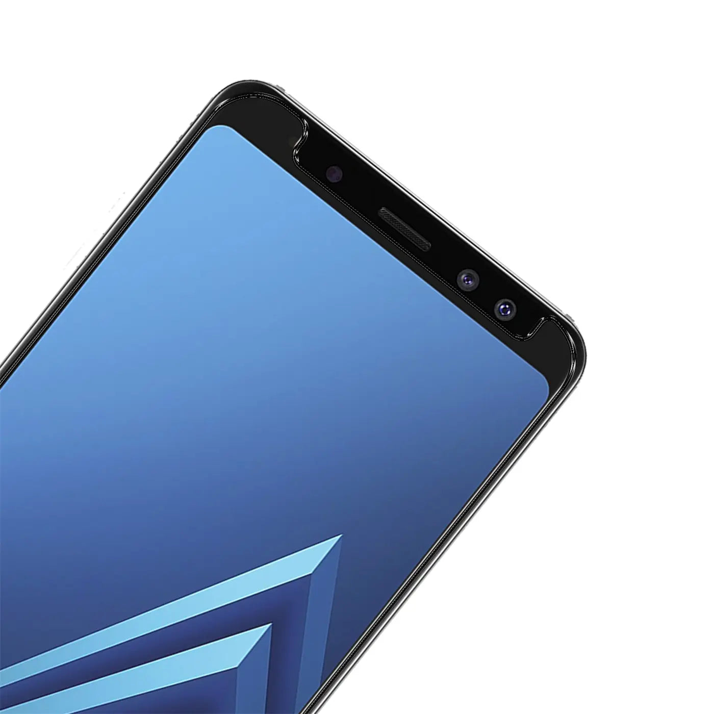 Oberer Teil eines schwarzen Samsung Galaxy A8 2018 Smartphones mit blauem Display, schräg von oben.