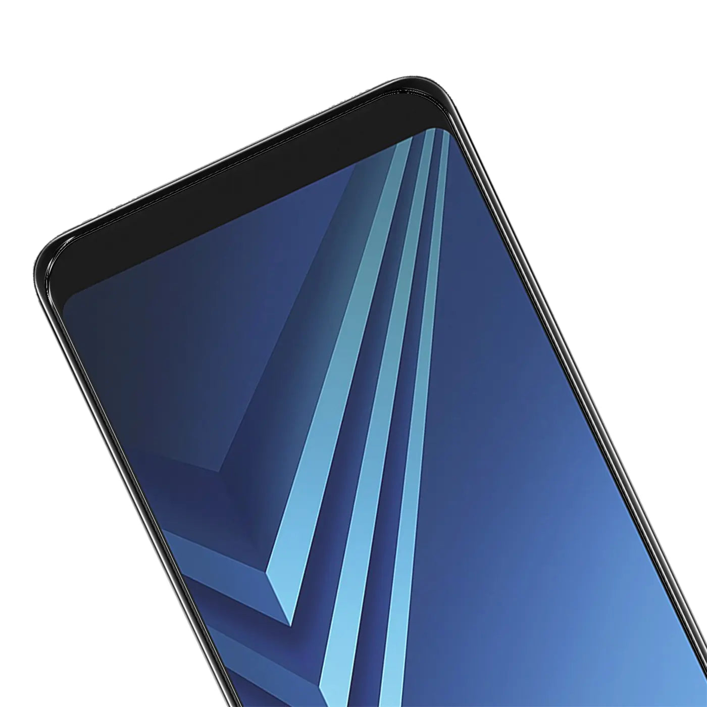 Obere linke Ecke eines Samsung Galaxy A8 2018 Smartphones mit schwarzem Rahmen und blauem Display, schräg von oben.