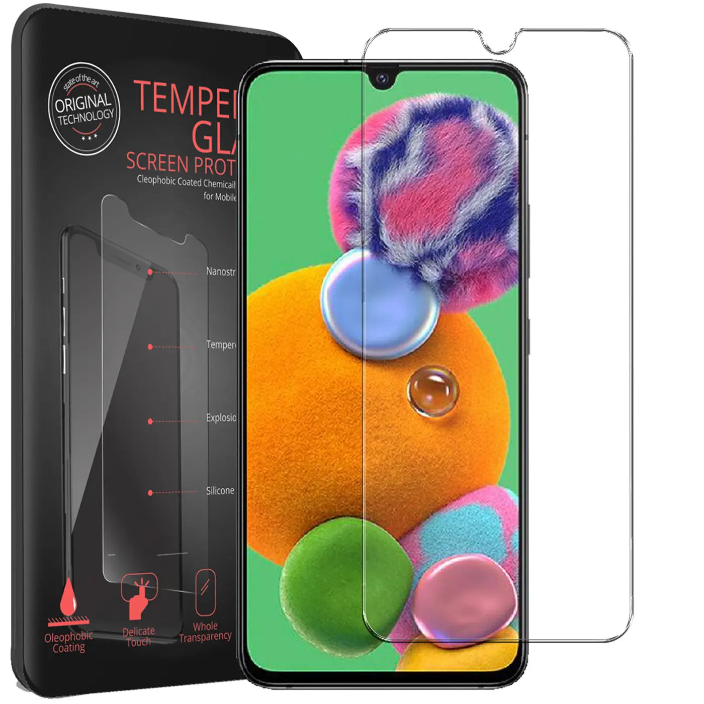 Schwarze Verpackung, Samsung Galaxy A90 5G mit Displayschutz und ein zweiter, klarer Displayschutz aus Glas.