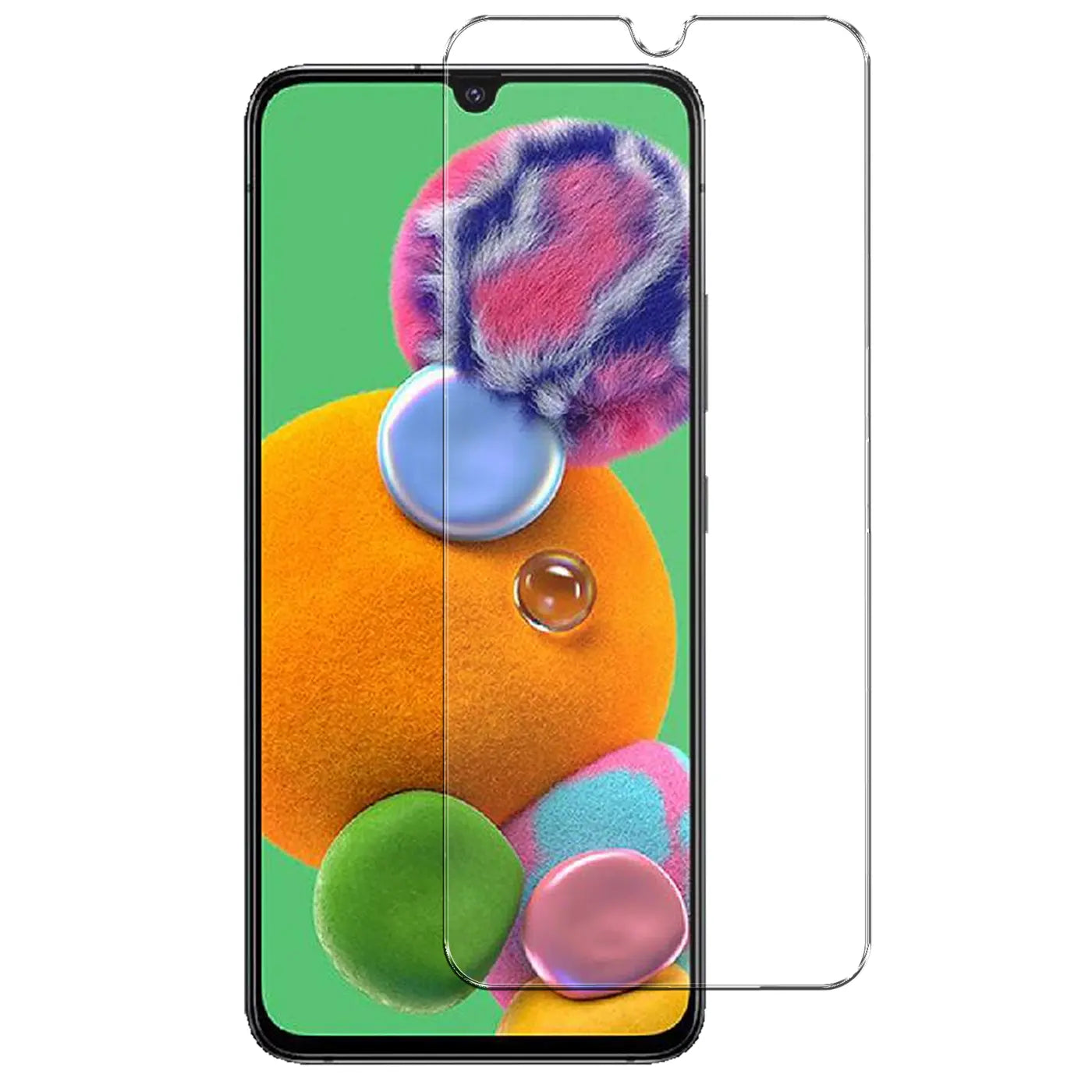 Samsung Galaxy A90 5G mit schwarzem Rahmen, teilweise von transparentem Panzerglas-Displayschutz bedeckt. Frontalansicht.