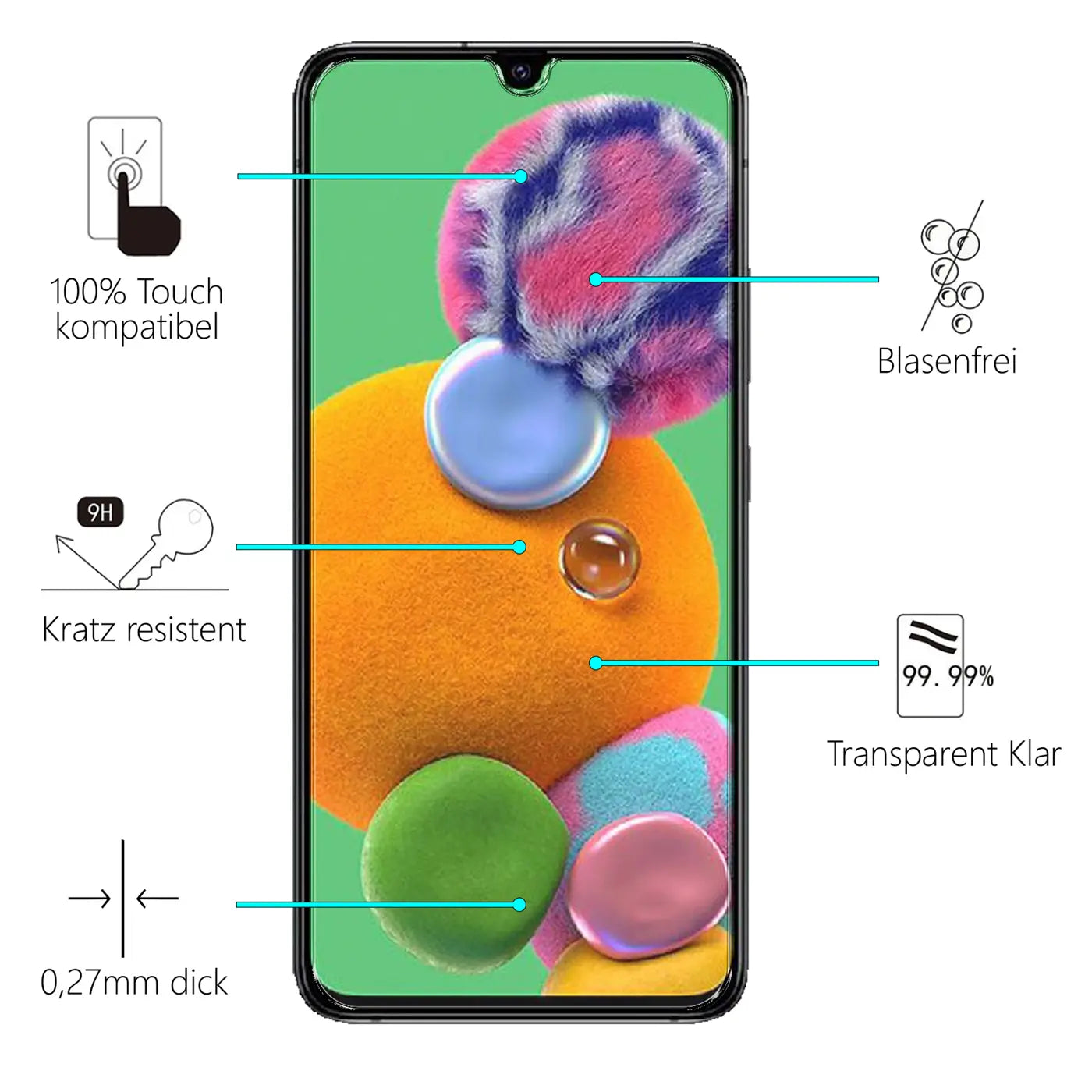 Samsung Galaxy A90 5G mit Panzerglas-Displayschutz (transparent, Glas) von vorne, umgeben von Produktmerkmalen.