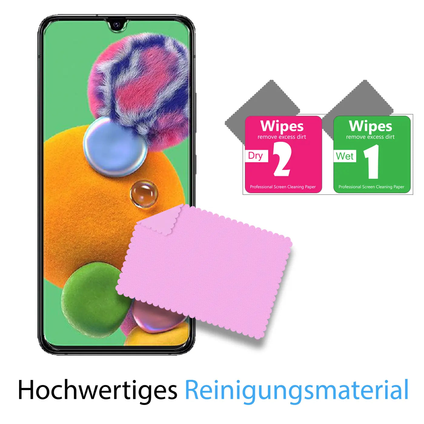 Schwarzes Samsung Galaxy A90 5G mit pinkem Mikrofasertuch und zwei Reinigungstüchern (Wet/Dry) von oben.