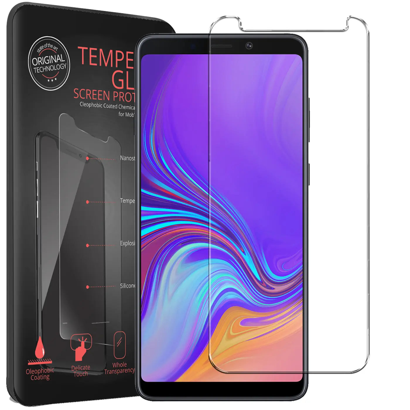 Schwarzes Samsung Galaxy A9 2018 mit installiertem Panzerglas und ein weiteres daneben, links die schwarze Verpackung.