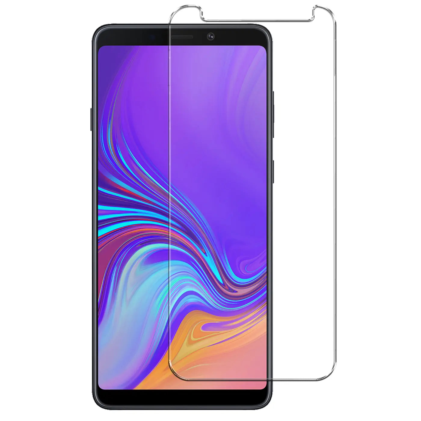 Schwarzes Samsung Galaxy A9 2018 Smartphone mit lila Display, daneben ein transparentes Panzerglas von vorne.