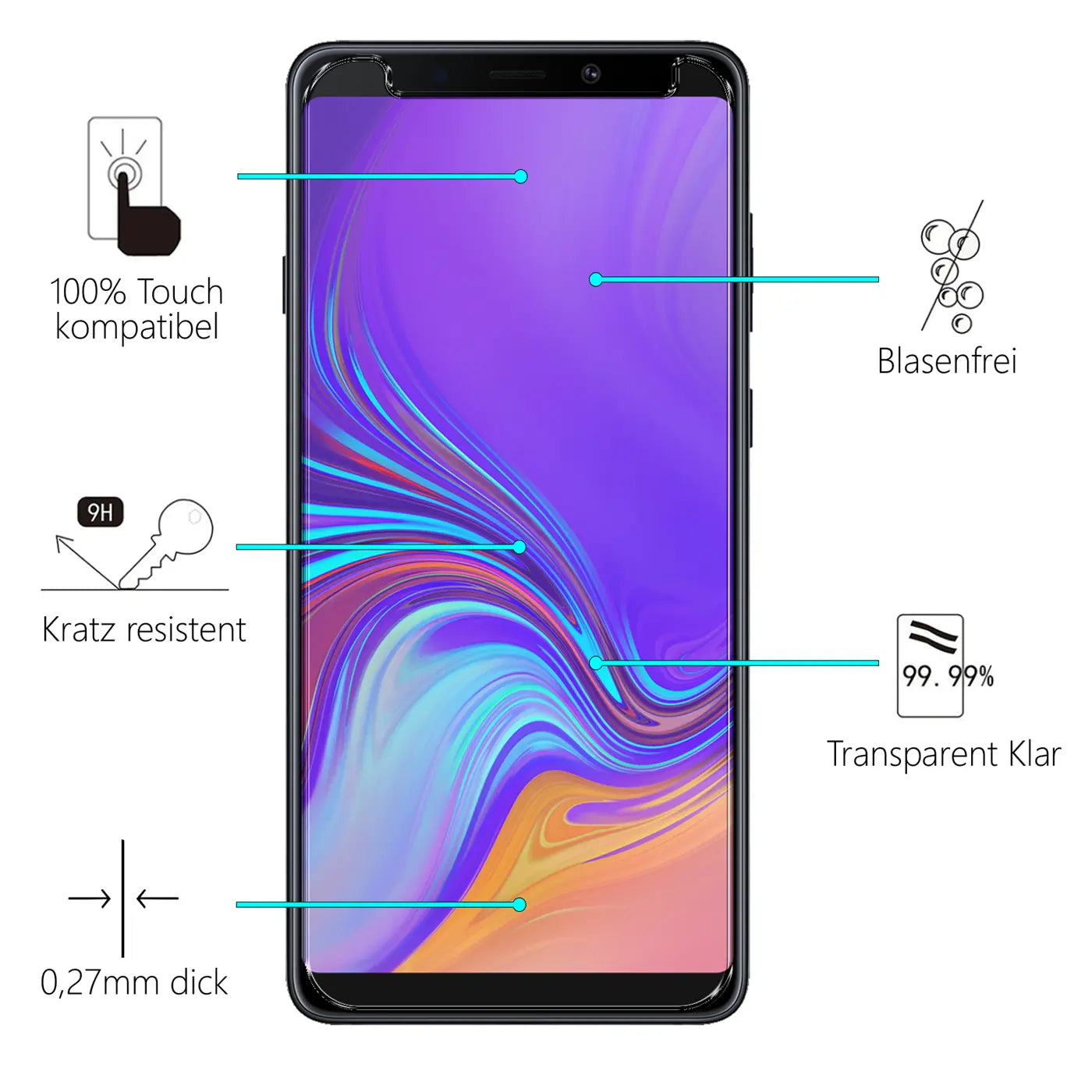 Samsung Galaxy A9 2018 Smartphone mit violettem Display, von vorne, mit 9H Panzerglas-Displayschutz.