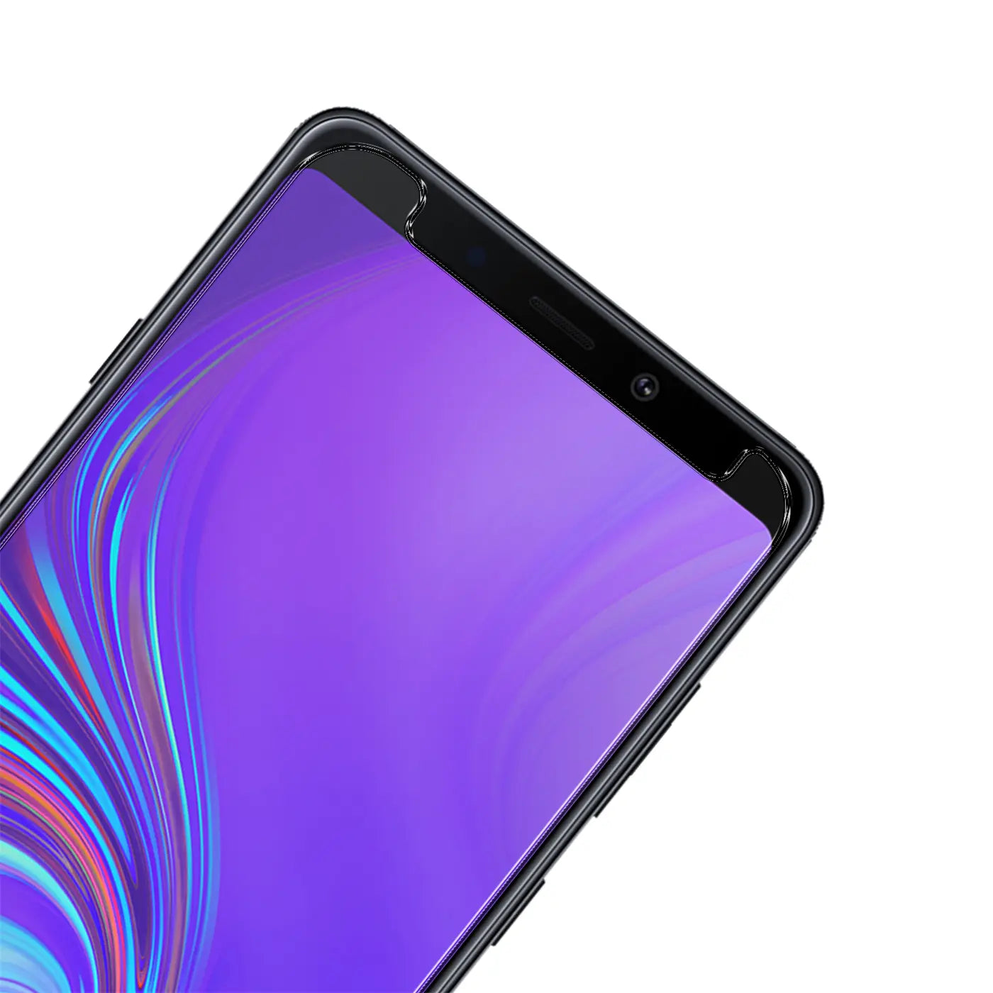 Nahaufnahme eines schwarzen Samsung Galaxy A9 2018 Smartphones mit lila Display und zwei kleinen Rissen im Panzerglas.