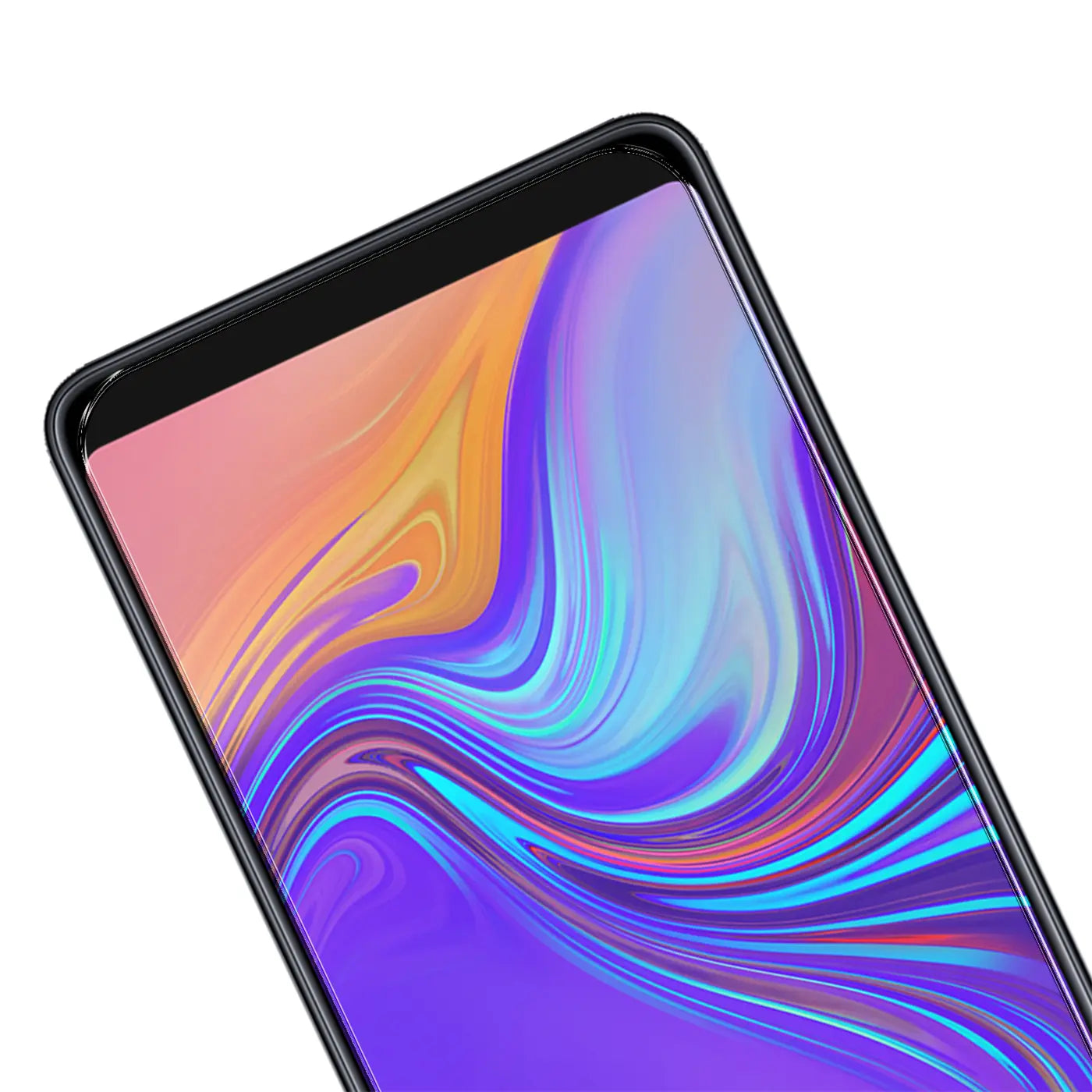 Nahaufnahme eines Samsung Galaxy A9 2018 mit schwarzem Rahmen und transparentem Panzerglas-Displayschutz.