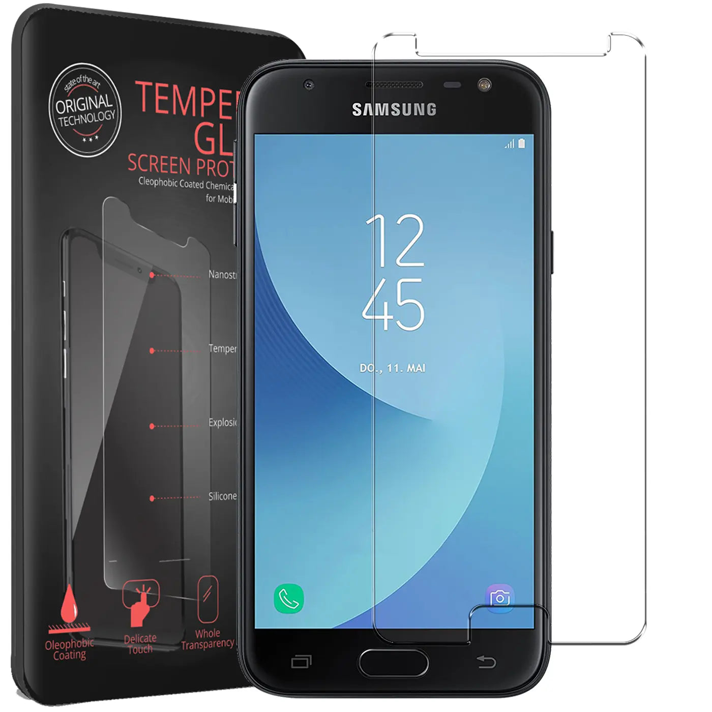 Zwei transparente Panzerglas-Displayschutzfolien und Verpackung neben einem schwarzen Samsung Galaxy J3 2017.