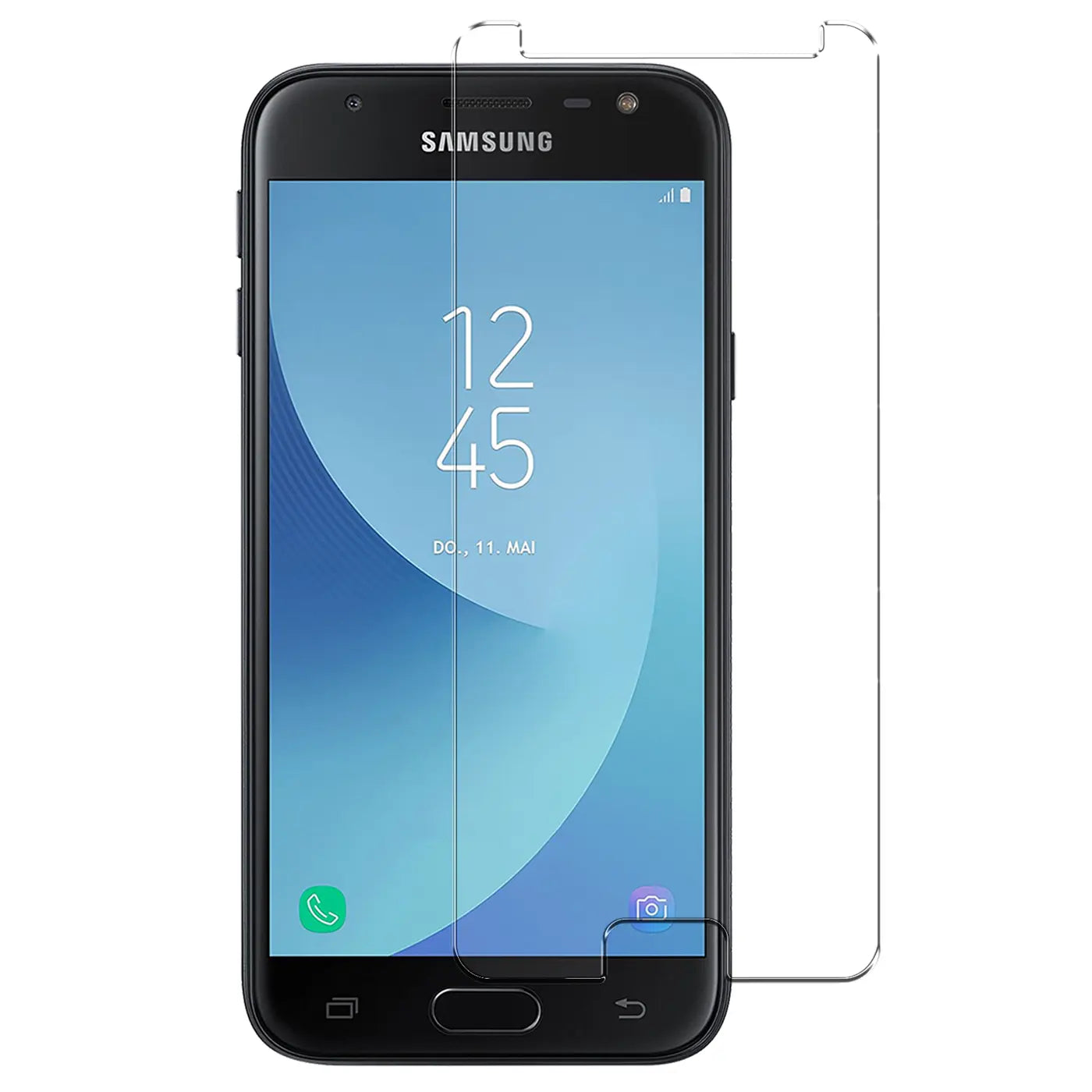 Schwarzes Samsung Galaxy J3 2017 frontal mit zwei transparenten Panzerglas-Displayschutzfolien aus Glas.