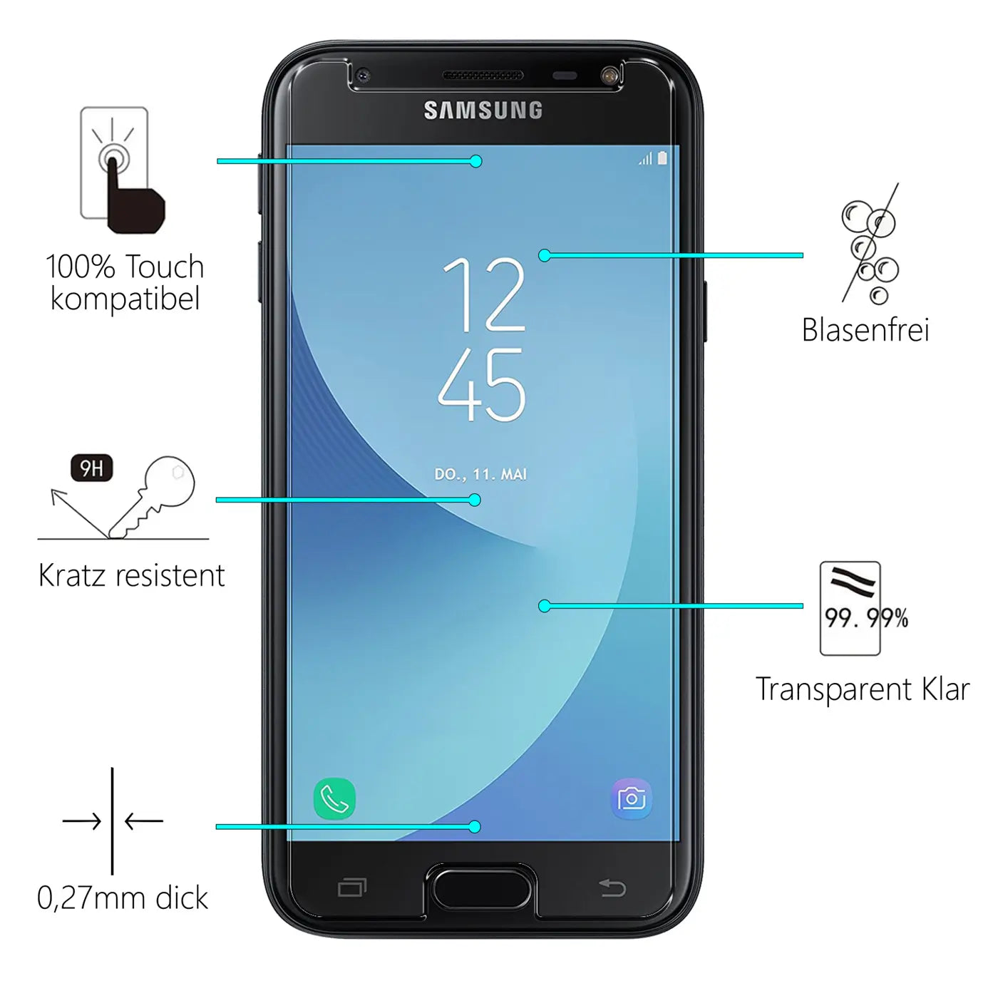 Schwarzes Samsung Galaxy J3 2017 Smartphone von vorne, mit Panzerglas-Displayschutz und Infografiken zu dessen Eigenschaften.