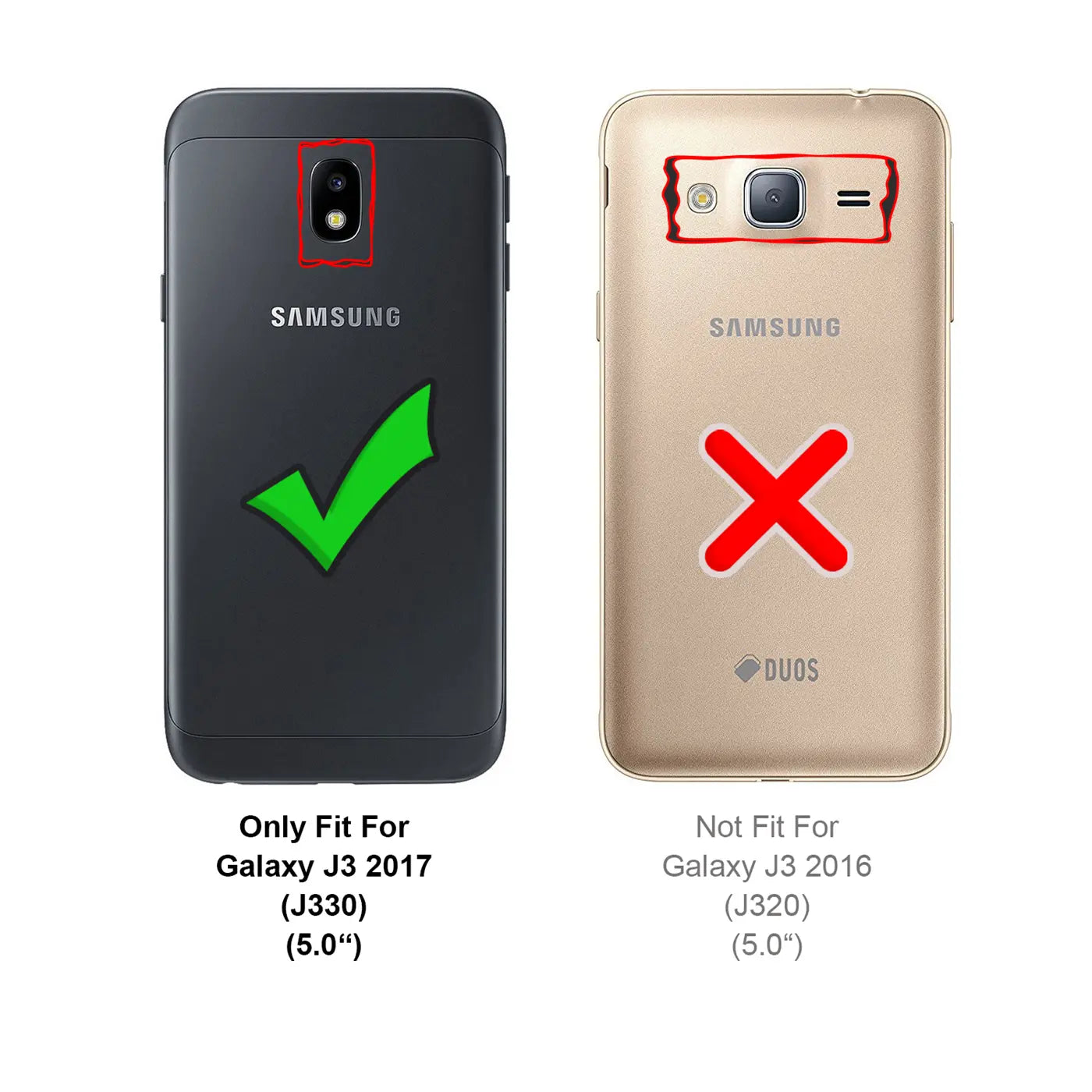 Rückseite eines schwarzen Samsung Galaxy J3 2017 mit grünem Haken und eines goldenen J3 2016 mit rotem X.