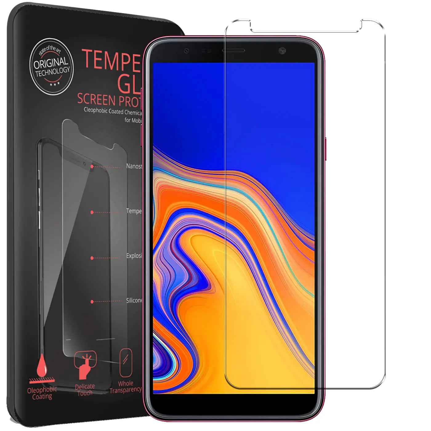 Schwarze Verpackung, Samsung Galaxy J4 Plus von vorne, und ein transparentes Panzerglas von vorne.