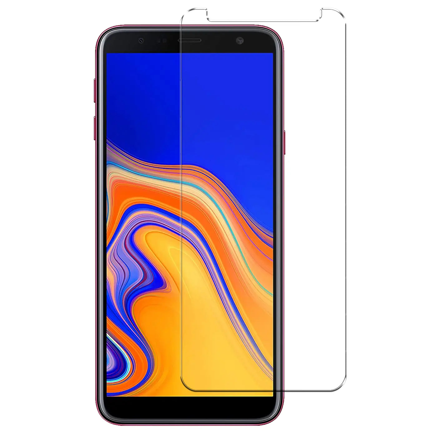 Vorderansicht eines roten Samsung Galaxy J4 Plus mit blau-orangem Display und einem transparenten Panzerglas-Displayschutz.