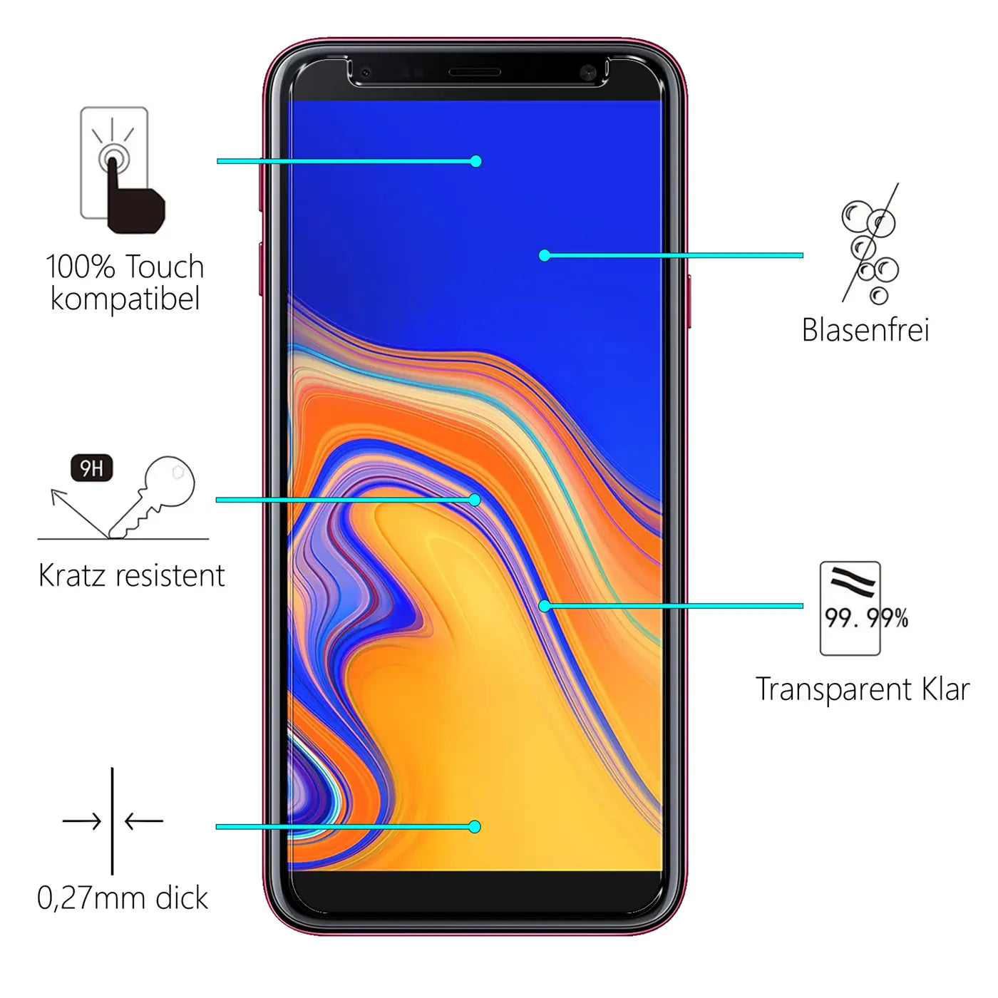 Vorderansicht eines schwarzen Samsung Galaxy J4 Plus mit Panzerglas-Displayschutz und Infografiken zu dessen Eigenschaften.