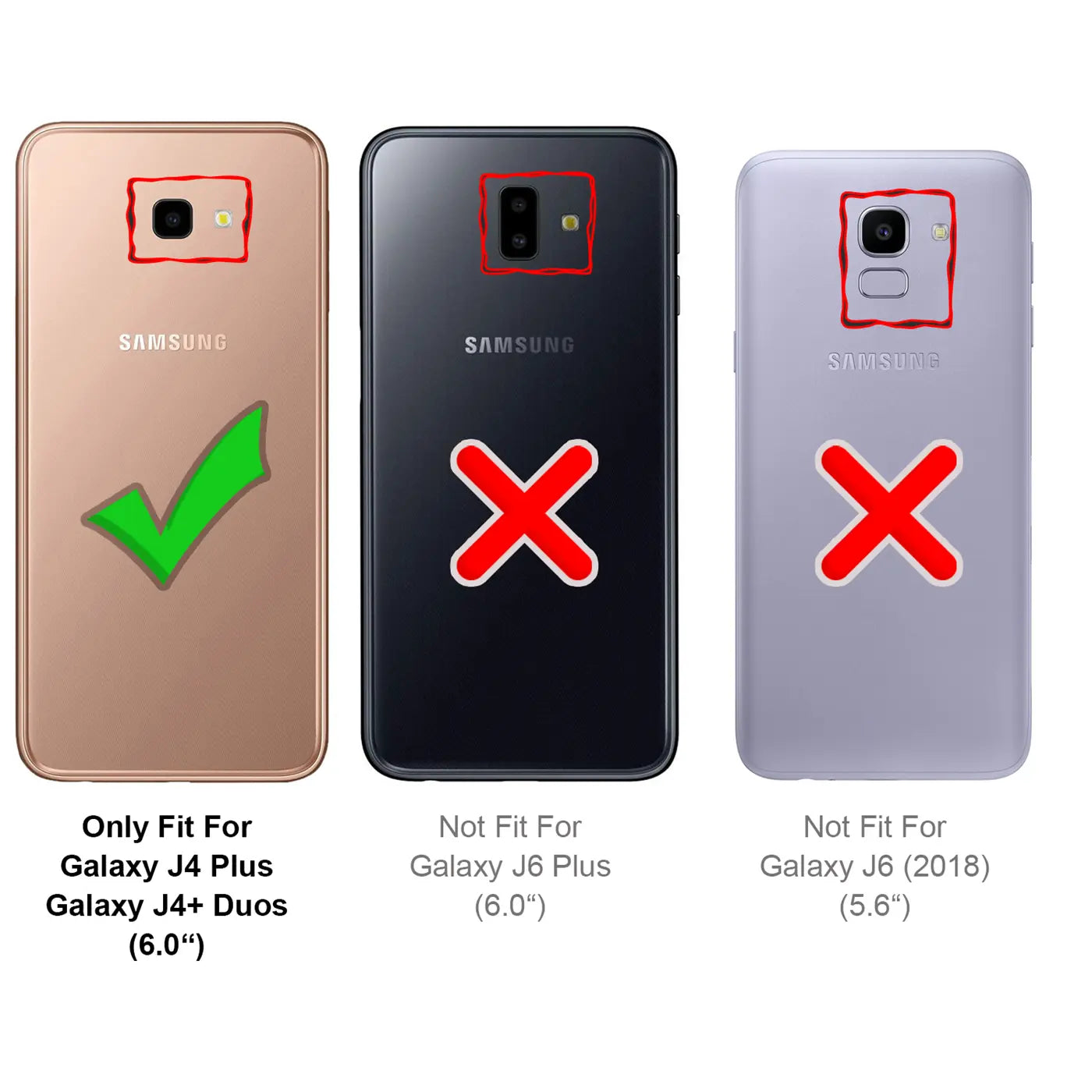Drei Samsung Galaxy J-Modelle (J4 Plus, J6 Plus, J6 2018) von hinten, gold, schwarz, lila, mit Haken/Kreuz.