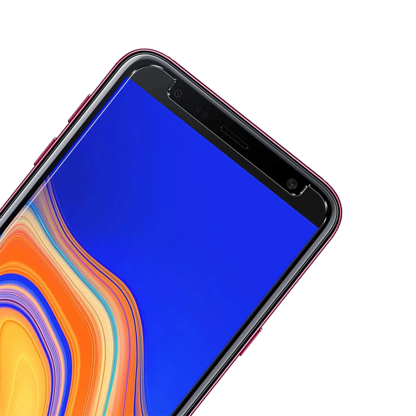 Nahaufnahme des oberen Bereichs eines roten Samsung Galaxy J4 Plus mit Panzerglas-Displayschutz, schräg von oben.
