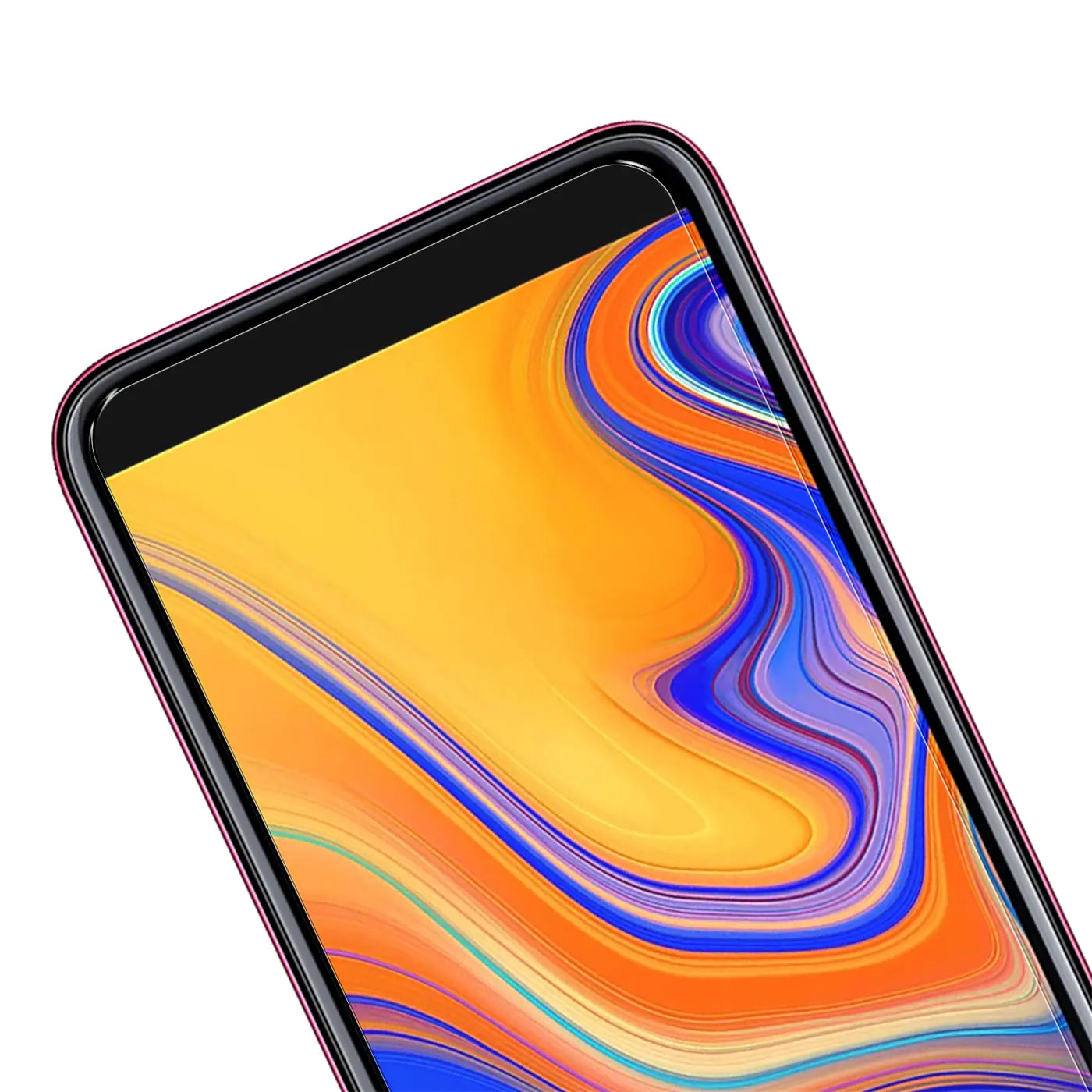 Nahaufnahme des oberen Bereichs eines Samsung Galaxy J4 Plus mit schwarzem Panzerglas-Displayschutz, schräg von oben.