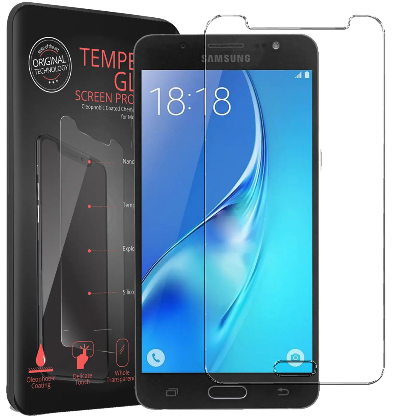 Schwarzes Samsung Galaxy J5 2016 mit transparentem Panzerglas-Displayschutz und Verpackung, schräg von vorne.