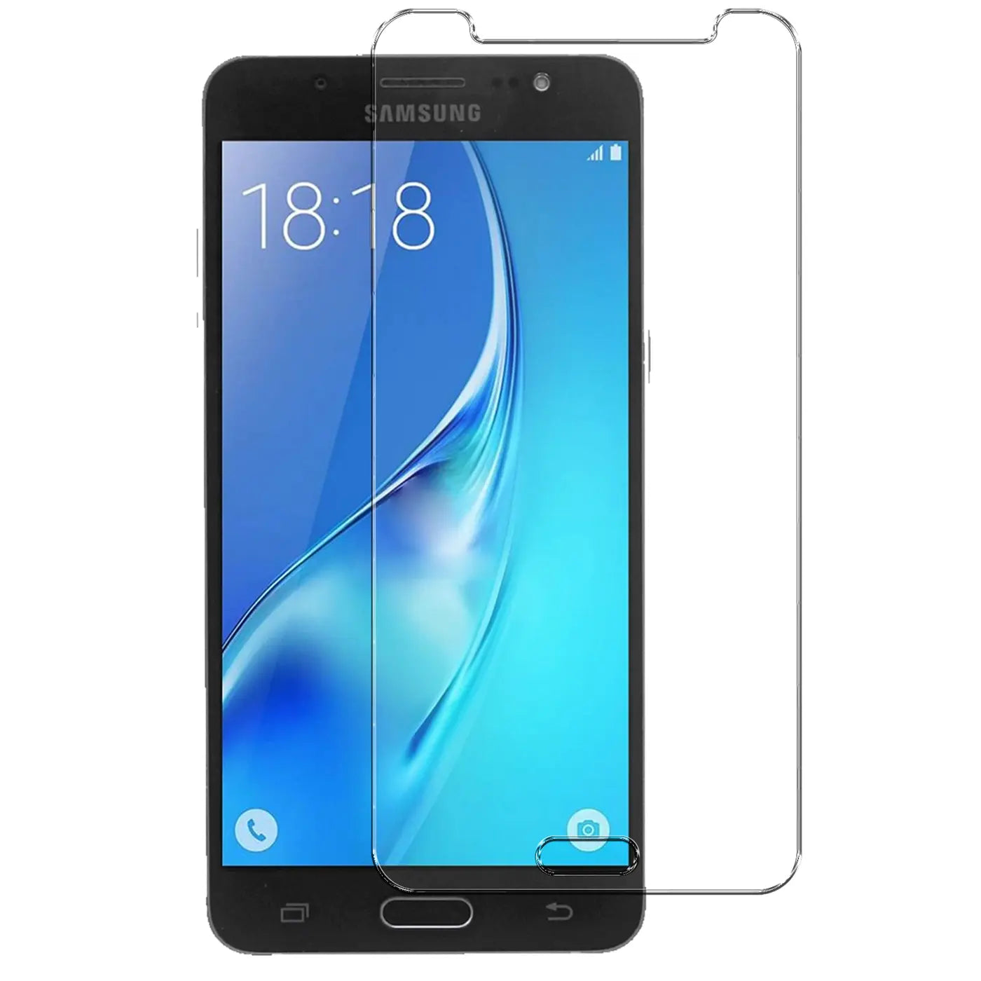 Schwarzes Samsung Galaxy J5 2016 von vorne, daneben ein klarer Panzerglas Displayschutz.