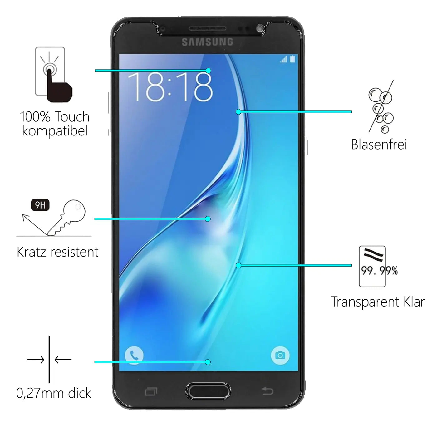 Schwarzes Samsung Galaxy J5 2016 von vorne, mit blauem Display und Infografiken zu Panzerglas-Eigenschaften.