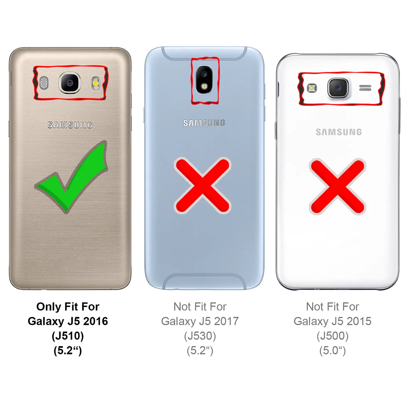 Rückansicht von drei Samsung Galaxy J5 Modellen (2016, 2017, 2015) in Gold, Blau und Weiß mit Haken und Kreuzen.