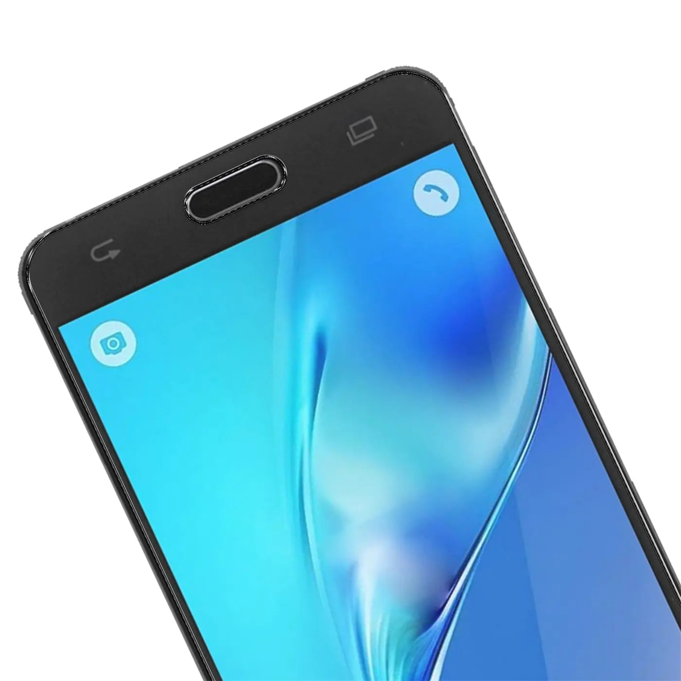 Nahaufnahme eines schwarzen Samsung Galaxy J5 2016 Smartphones, Display mit blauem Hintergrund und App-Icons.