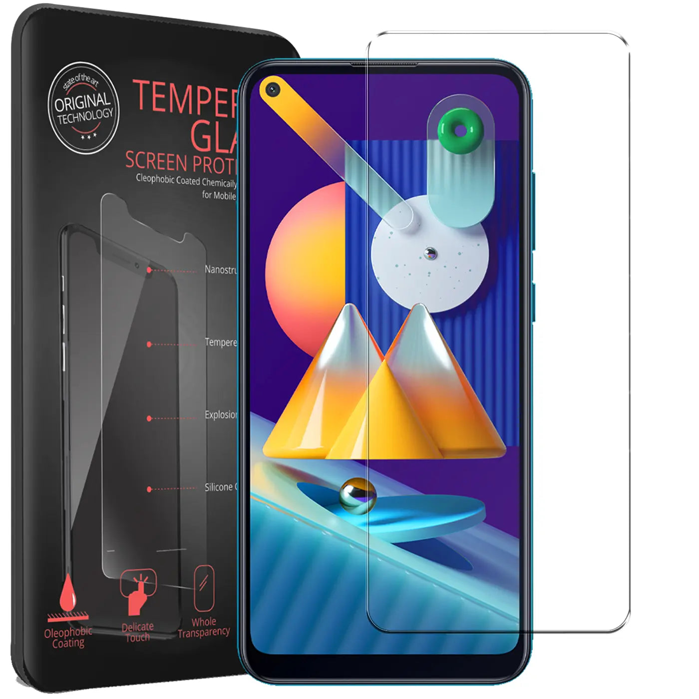 Schwarze Verpackung mit "TEMPERED GLASS" Aufschrift, daneben ein Samsung Galaxy M11 und ein Panzerglas-Displayschutz.