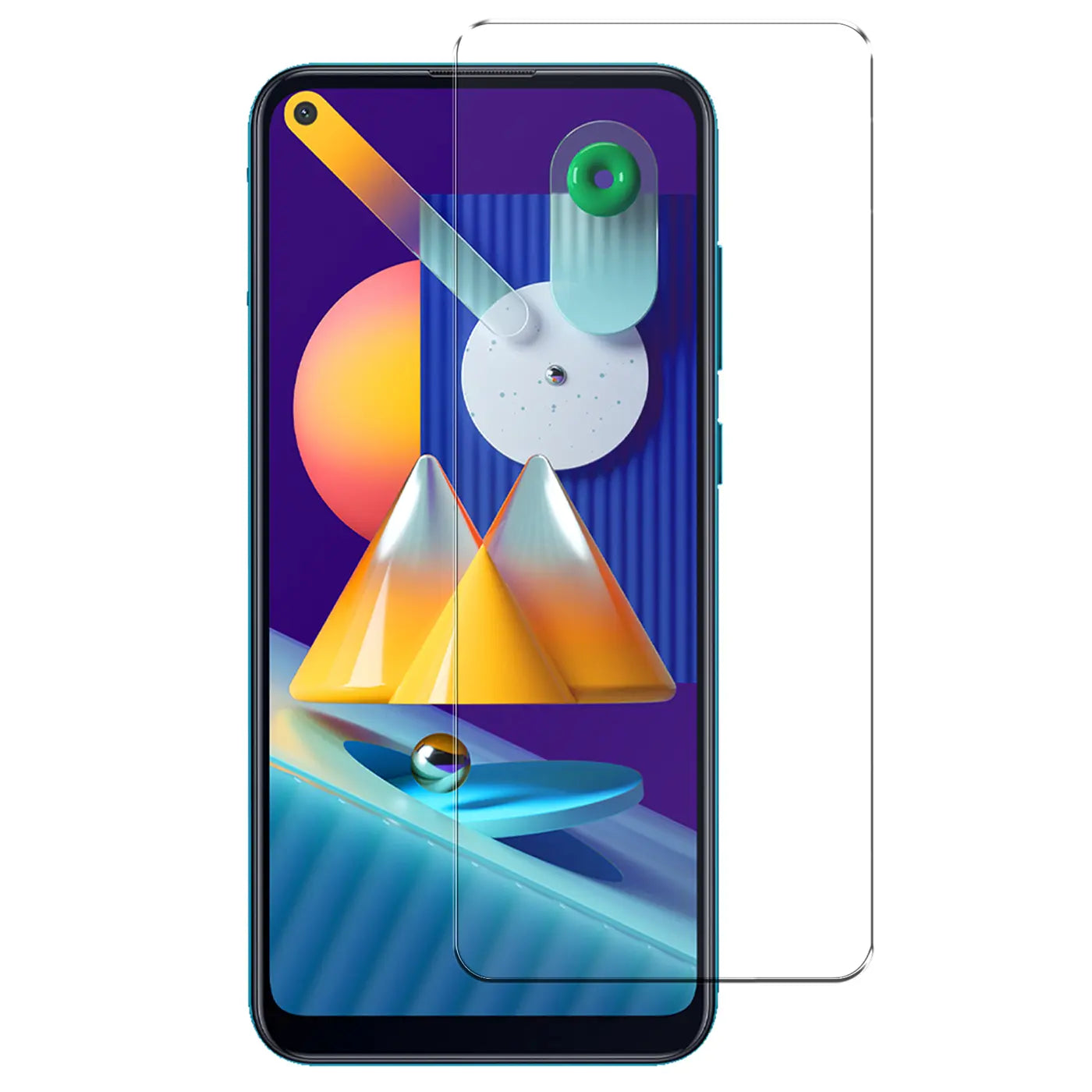Samsung Galaxy M11 Smartphone mit transparentem Panzerglas-Displayschutz von vorne, leicht nach rechts versetzt.