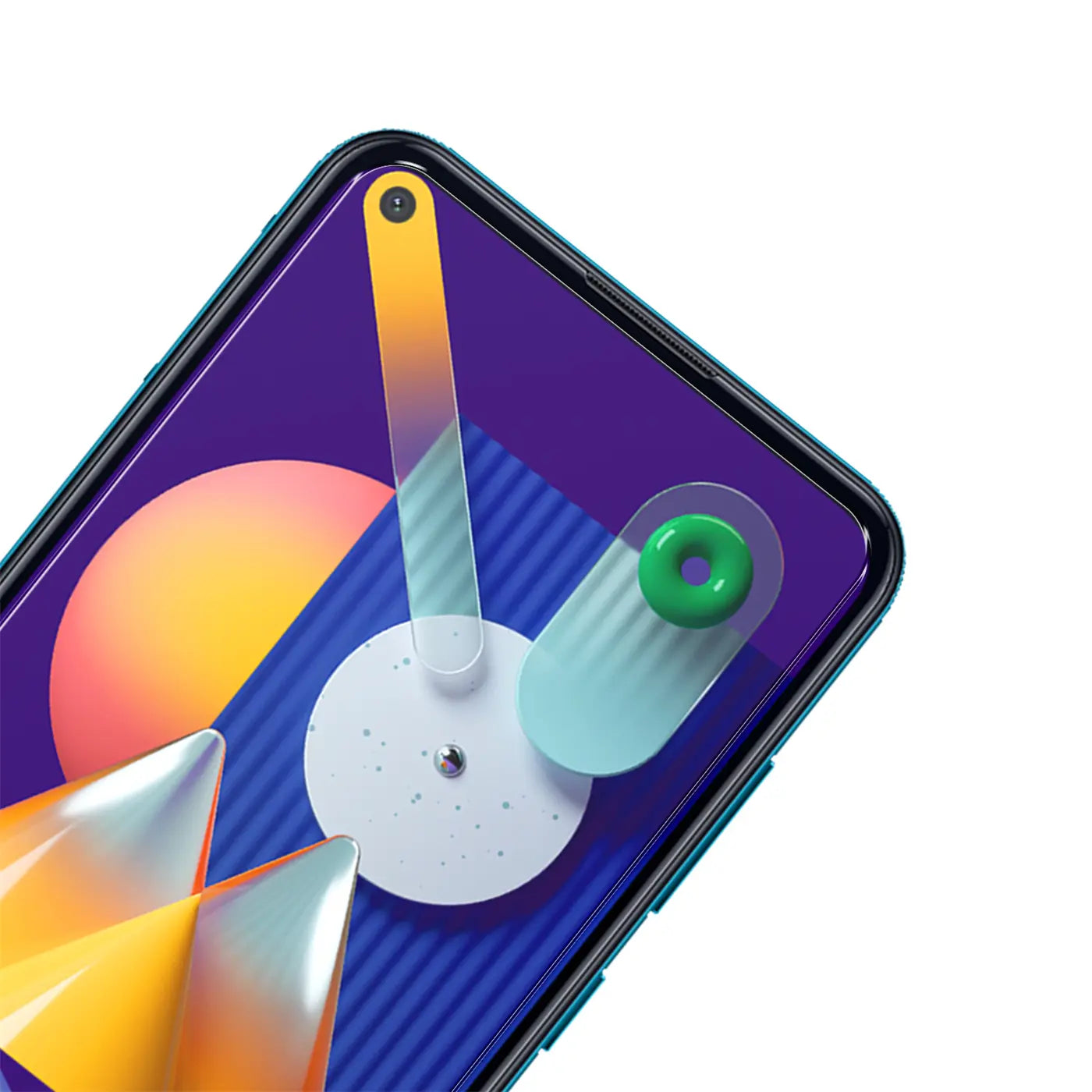 Nahaufnahme eines Samsung Galaxy M11 Smartphones mit Panzerglas-Displayschutz, schräg von oben.