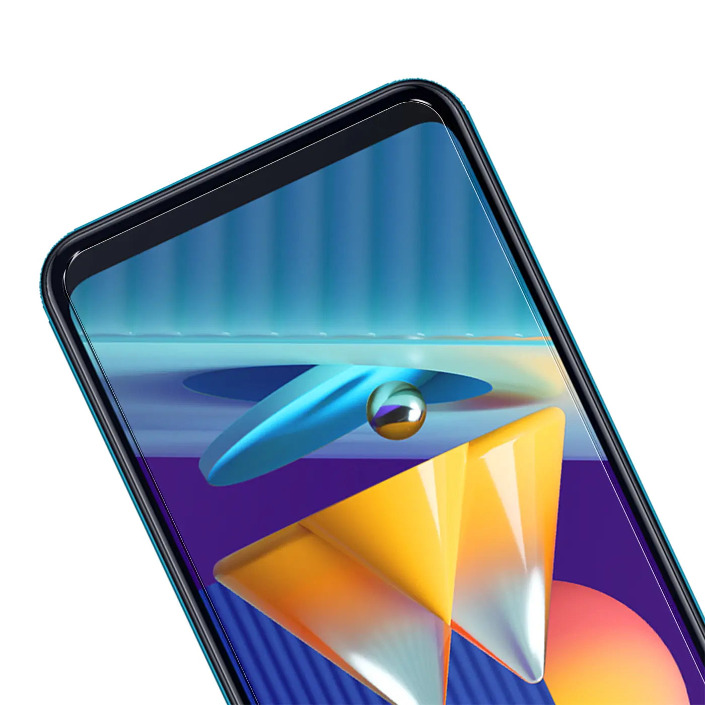 Nahaufnahme des oberen Teils eines schwarzen Samsung Galaxy M11 mit Panzerglas-Displayschutz, schräg von oben.