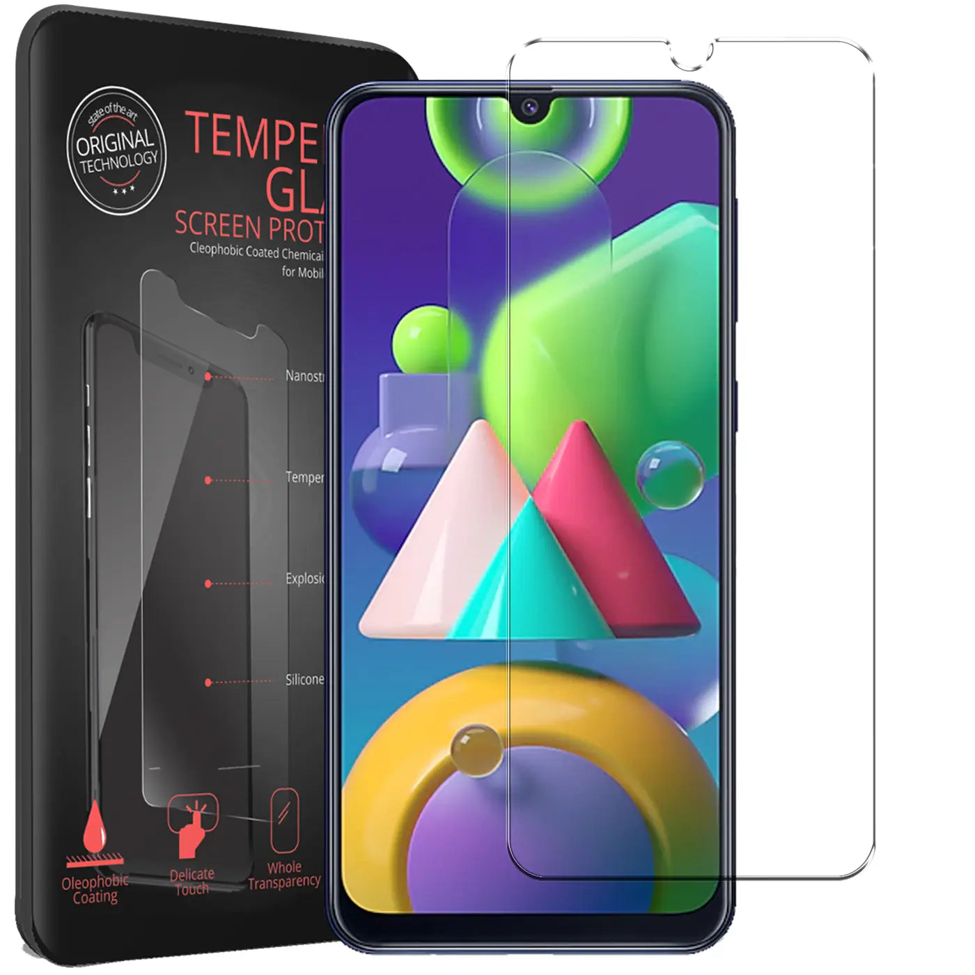 Schwarze Verpackung mit Panzerglas-Details, daneben ein Samsung Galaxy M21 mit aufgelegtem Panzerglas und ein weiteres.