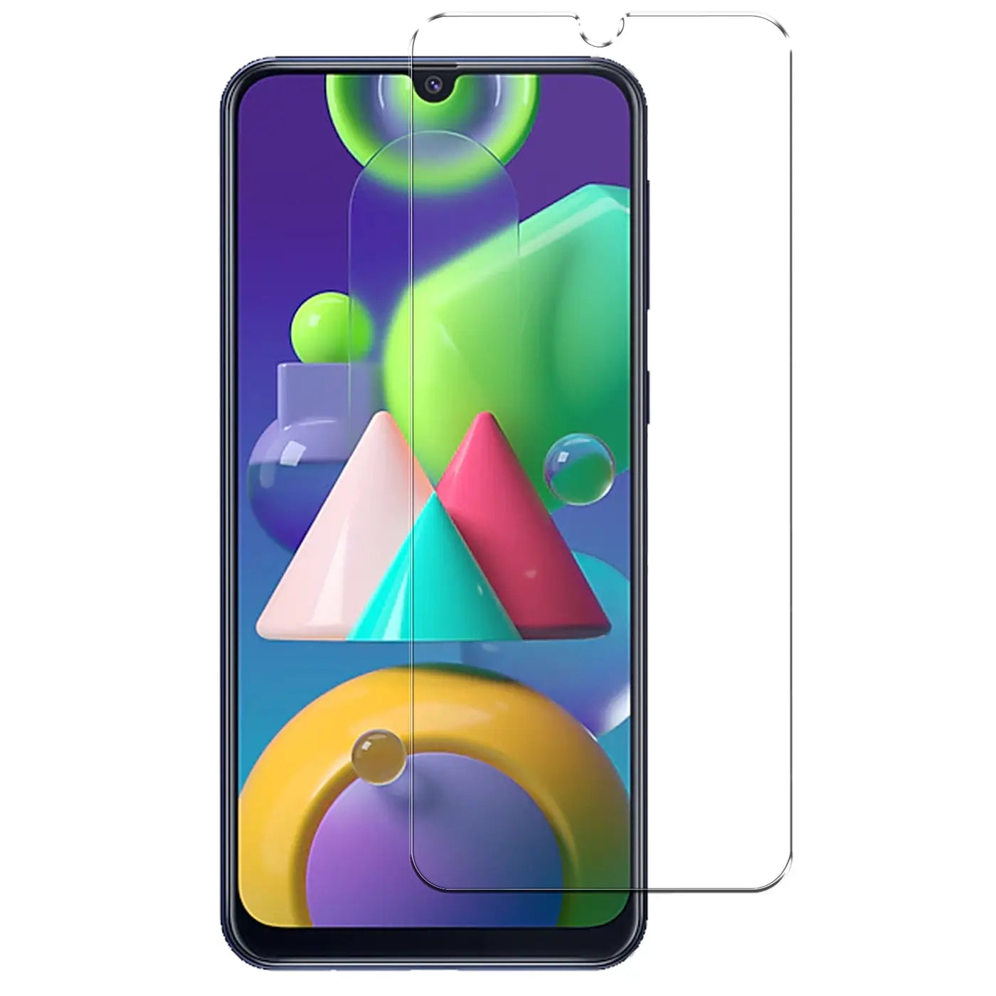 Samsung Galaxy M30s/M21 Handy mit transparentem Panzerglas-Displayschutz von vorne, leicht schräg rechts.