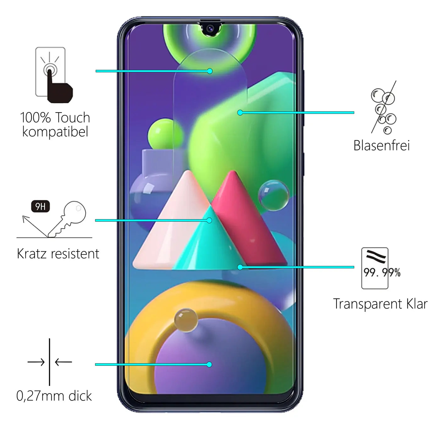 Panzerglas-Displayschutz auf schwarzem Samsung Galaxy M21/M30s von vorne, mit Eigenschaften wie "Kratz resistent".