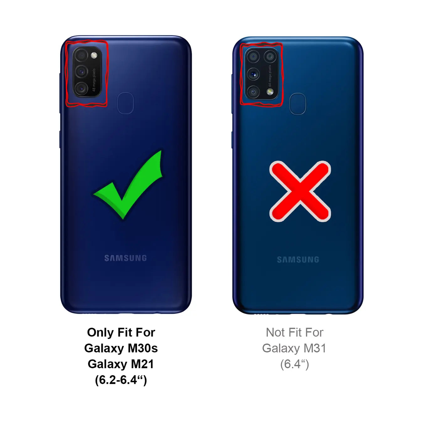 Rückseite eines dunkelblauen Samsung Galaxy M30s/M21 mit Haken und eines M31 mit Kreuz, Kameraaussparungen rot markiert.