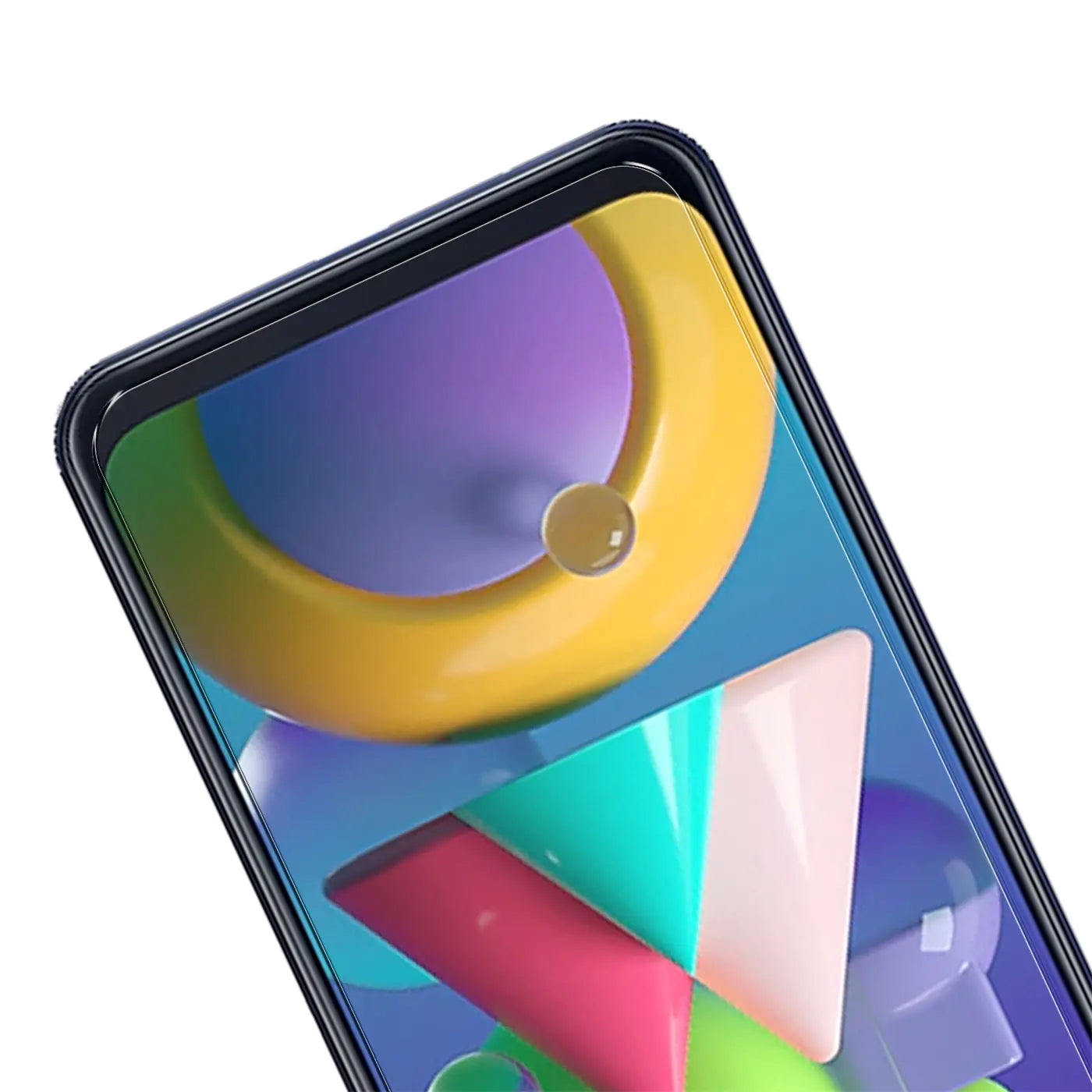 Nahaufnahme eines Samsung Galaxy M30s/M21 mit schwarzem Rahmen und transparentem Panzerglas-Displayschutz.