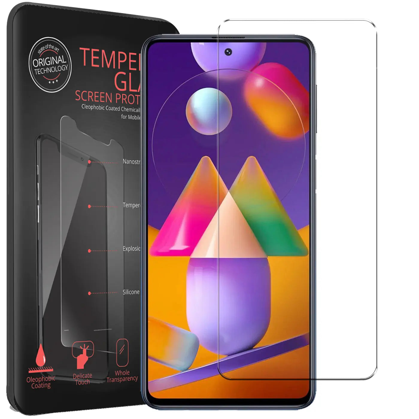 Samsung Galaxy M31s mit angebrachtem Panzerglas, daneben ein zweites Panzerglas und die schwarze Verpackung.
