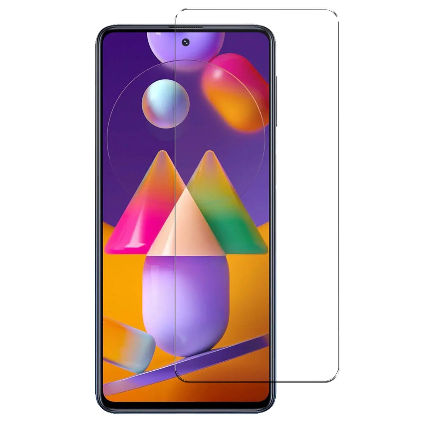 Samsung Galaxy M31s in Dunkelblau, frontal, mit transparentem Panzerglas-Displayschutz daneben.