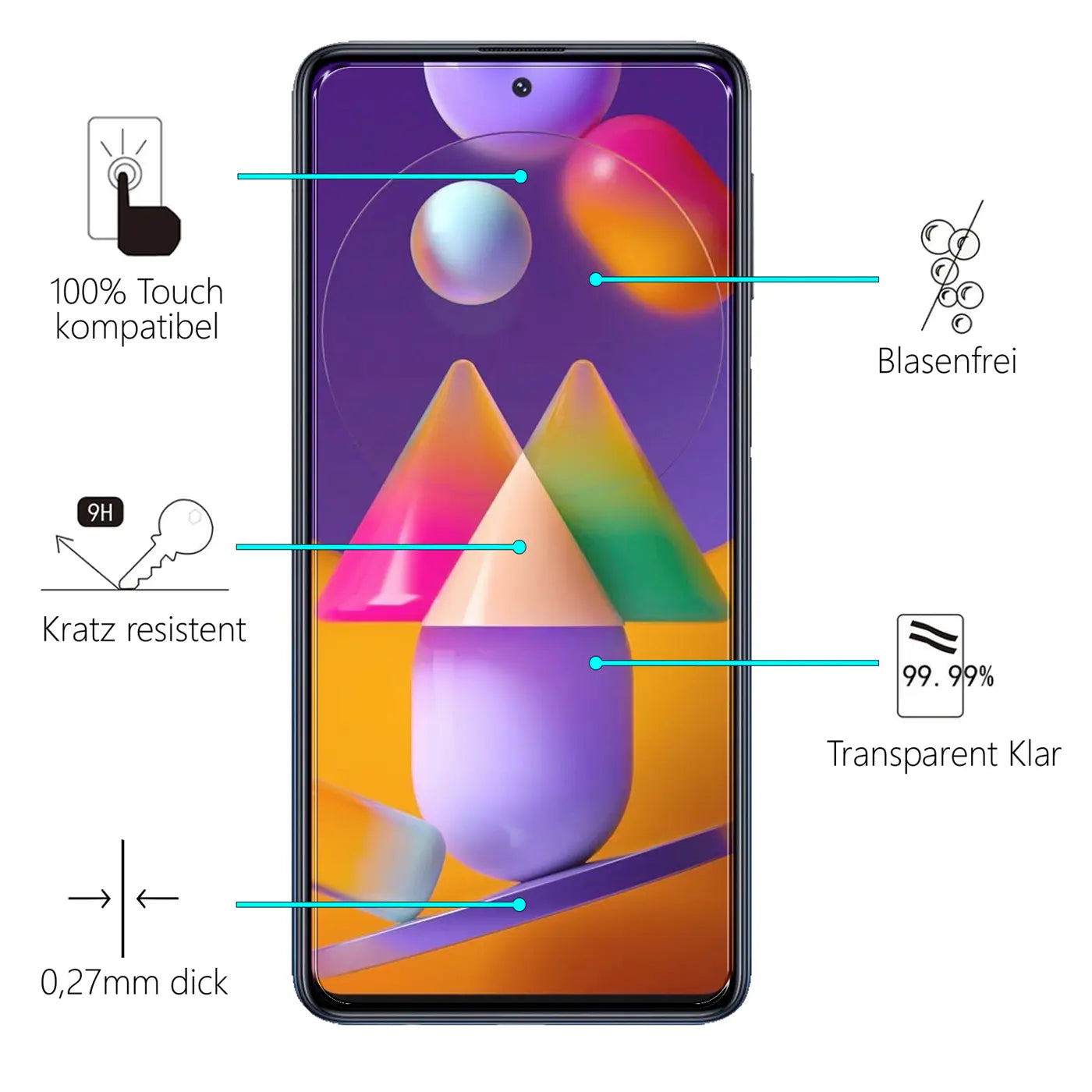 Samsung Galaxy M31s mit transparentem Panzerglas-Displayschutz, Frontansicht. Eigenschaften: kratzresistent, blasenfrei.