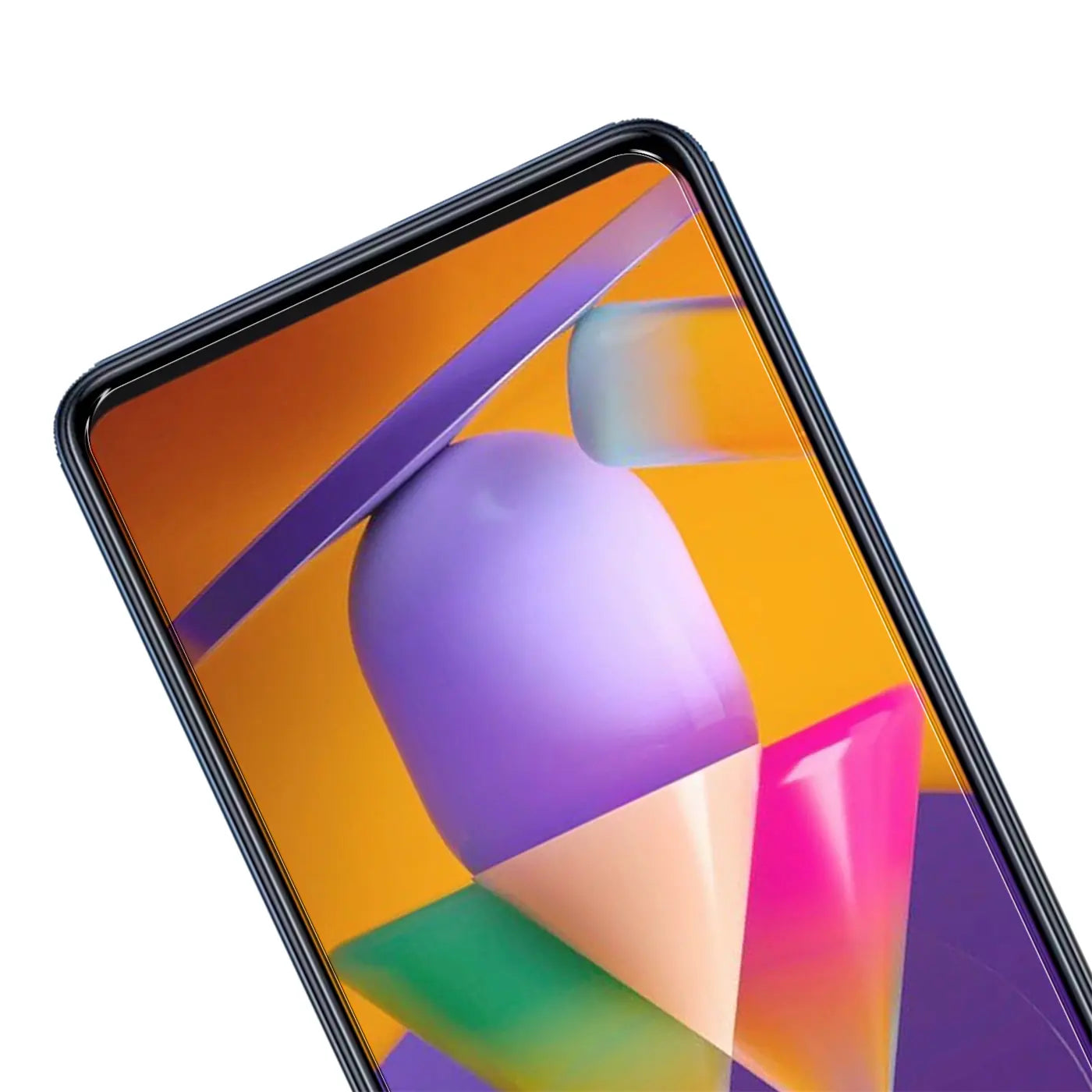 Nahaufnahme des oberen rechten Bereichs eines Samsung Galaxy M31s mit schwarzem Rahmen und Panzerglas-Displayschutz.