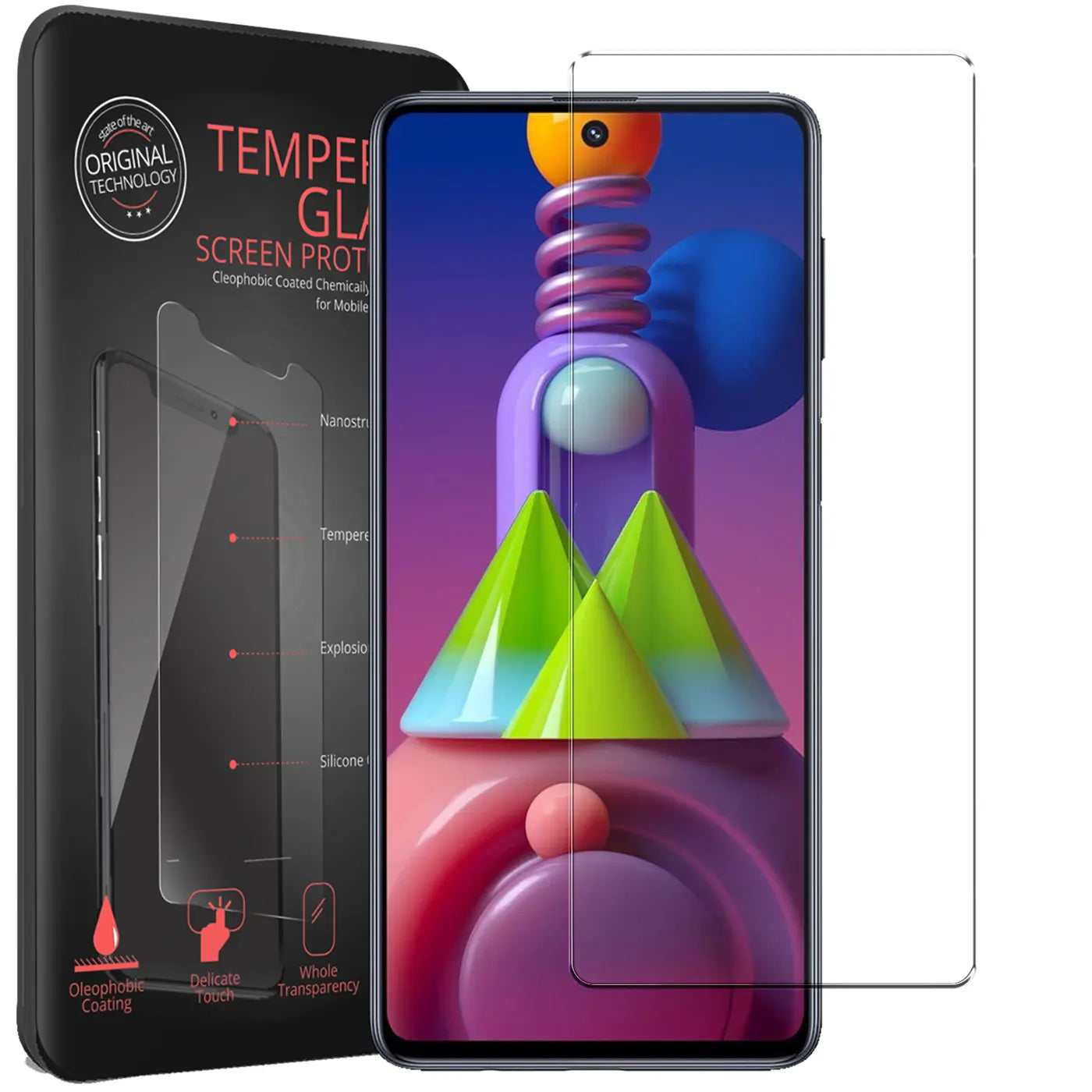 Schwarze Verpackung mit "TEMPERED GLASS" Aufschrift, daneben ein Samsung Galaxy M51 mit aufgelegtem, transparentem.