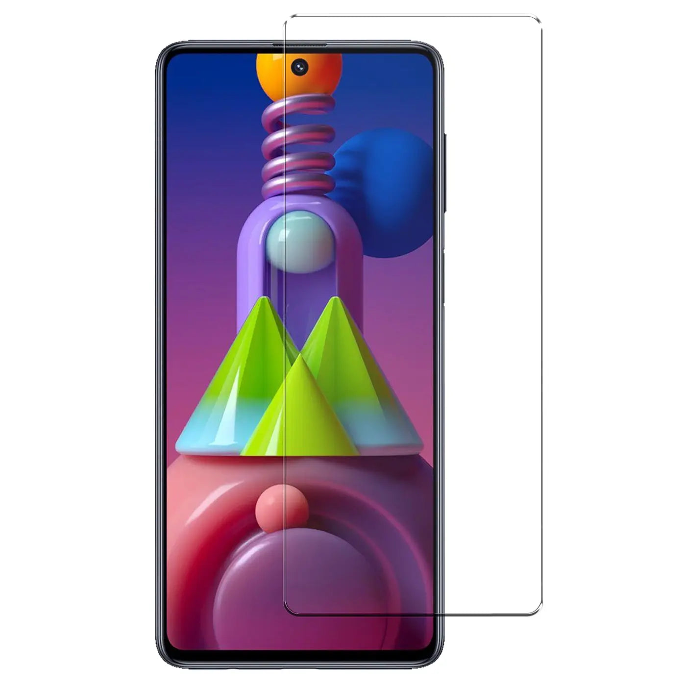 Transparentes Panzerglas für Samsung Galaxy M51, von vorne auf dem Display liegend, mit Aussparung für Kamera.