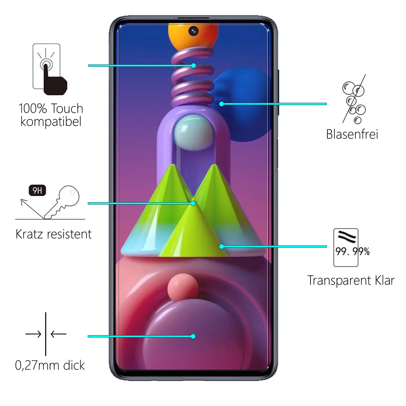 Schwarzes Samsung Galaxy M51 Smartphone mit Panzerglas-Displayschutz, von vorne, umgeben von Produktmerkmal-Icons.