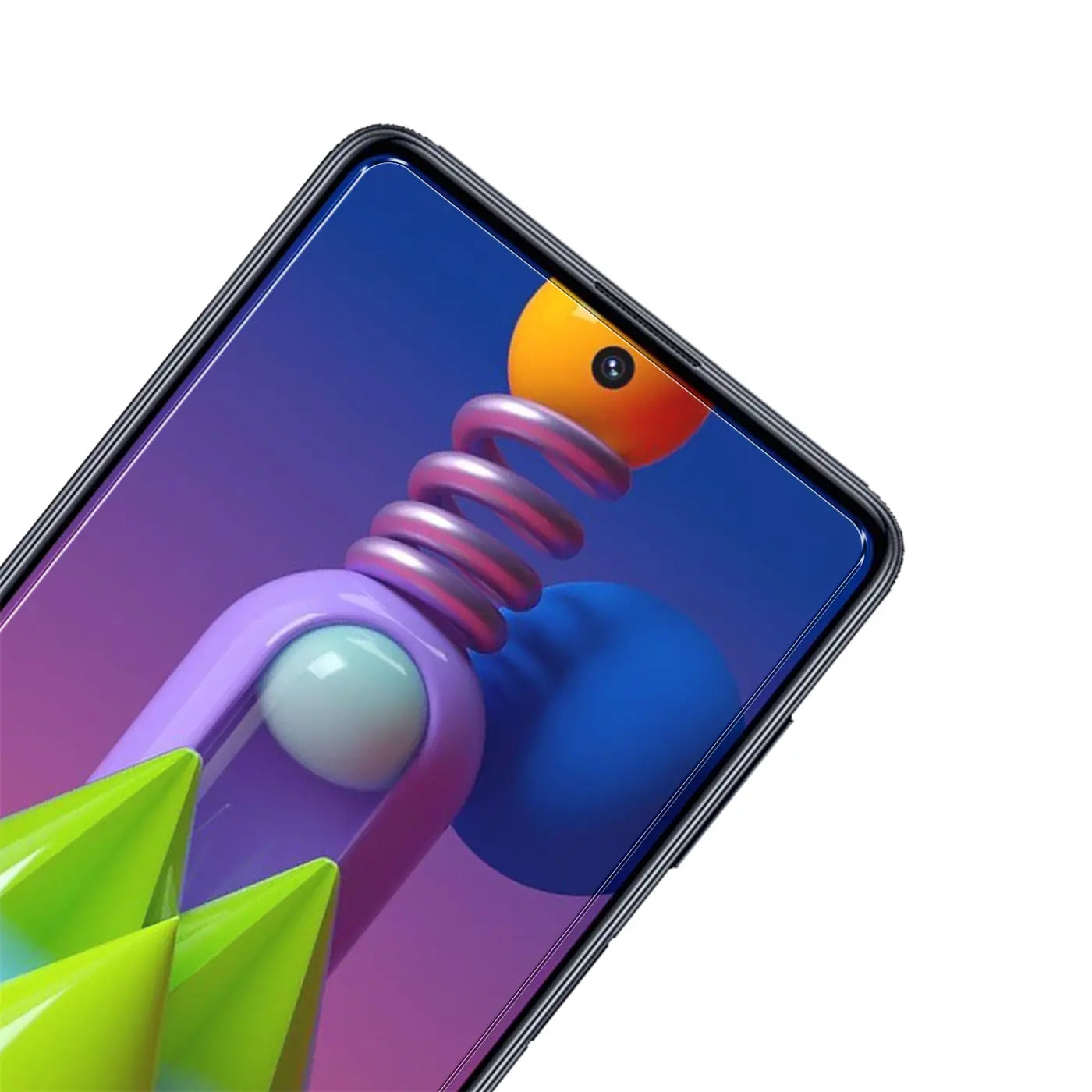 Nahaufnahme des Displays eines Samsung Galaxy M51 mit Panzerglas, schräg von oben. Schwarzer Rahmen, bunte Tapete.