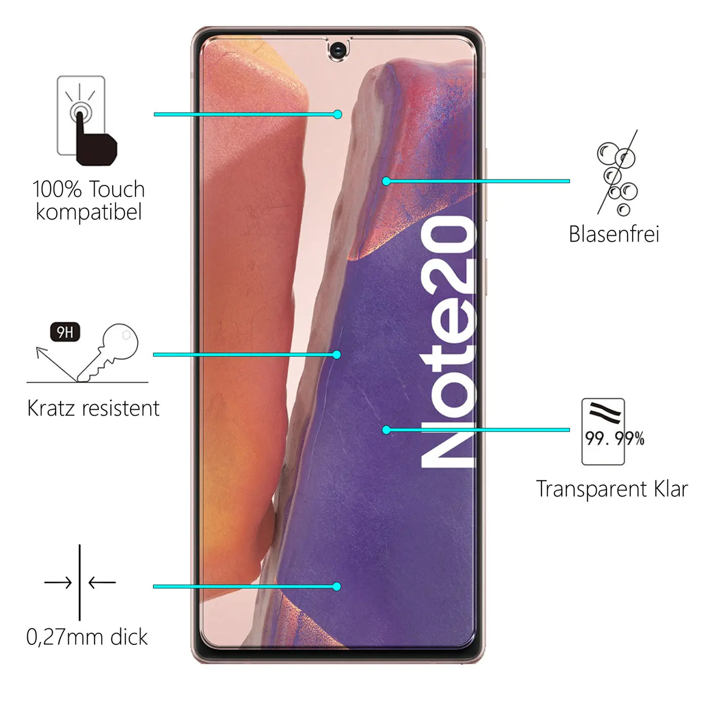 Samsung Galaxy Note 20 in Schwarz, Frontansicht, mit Panzerglas Displayschutz und Produktmerkmalen.