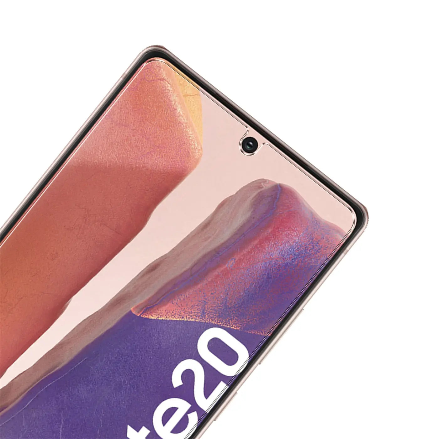 Nahaufnahme eines Samsung Galaxy Note 20 mit transparentem Panzerglas-Displayschutz, schräg von oben.