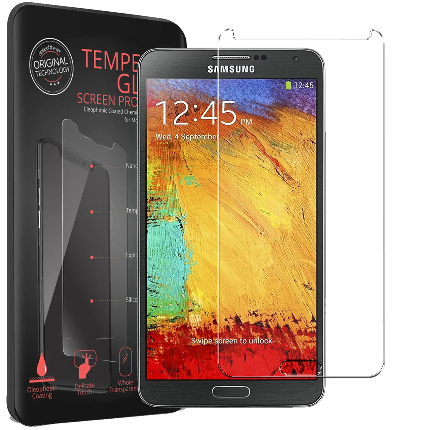 Schwarzes Samsung Galaxy Note 3 mit Displayschutzfolie und Verpackung, schräg von vorne.