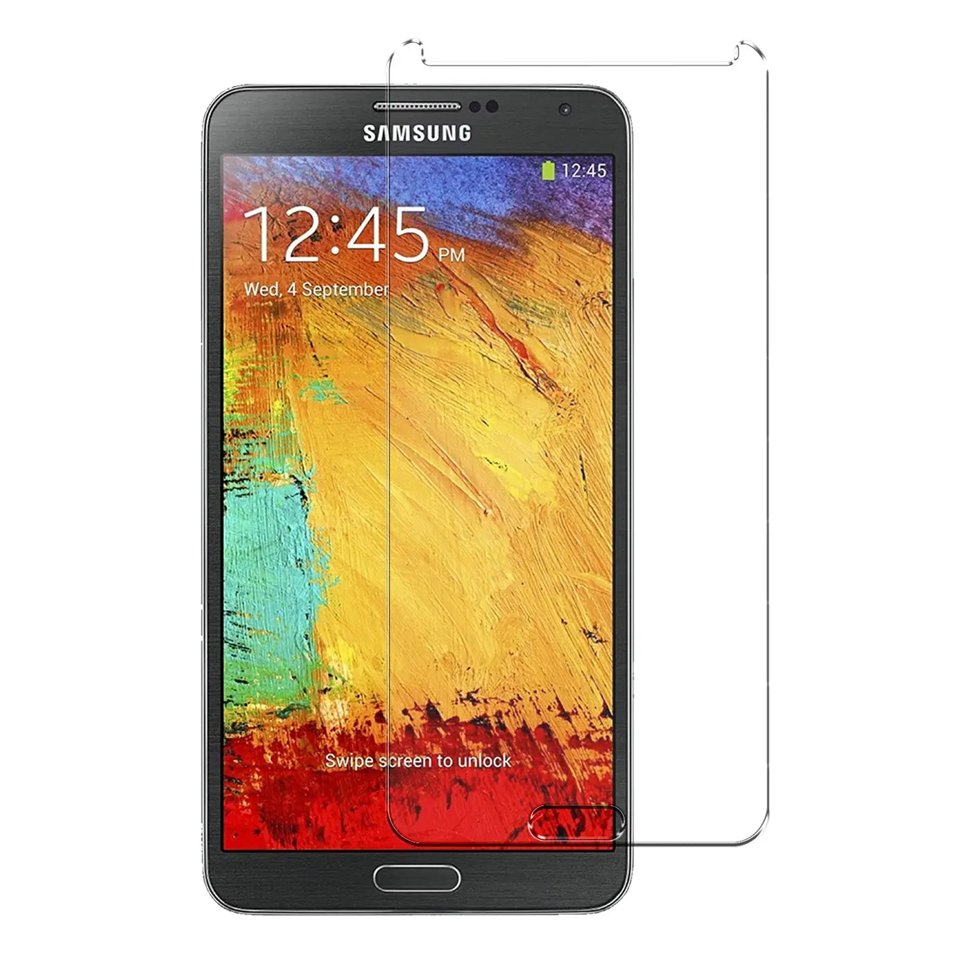 Frontansicht eines schwarzen Samsung Galaxy Note 3 mit buntem Display und einem transparenten Panzerglas-Displayschutz.