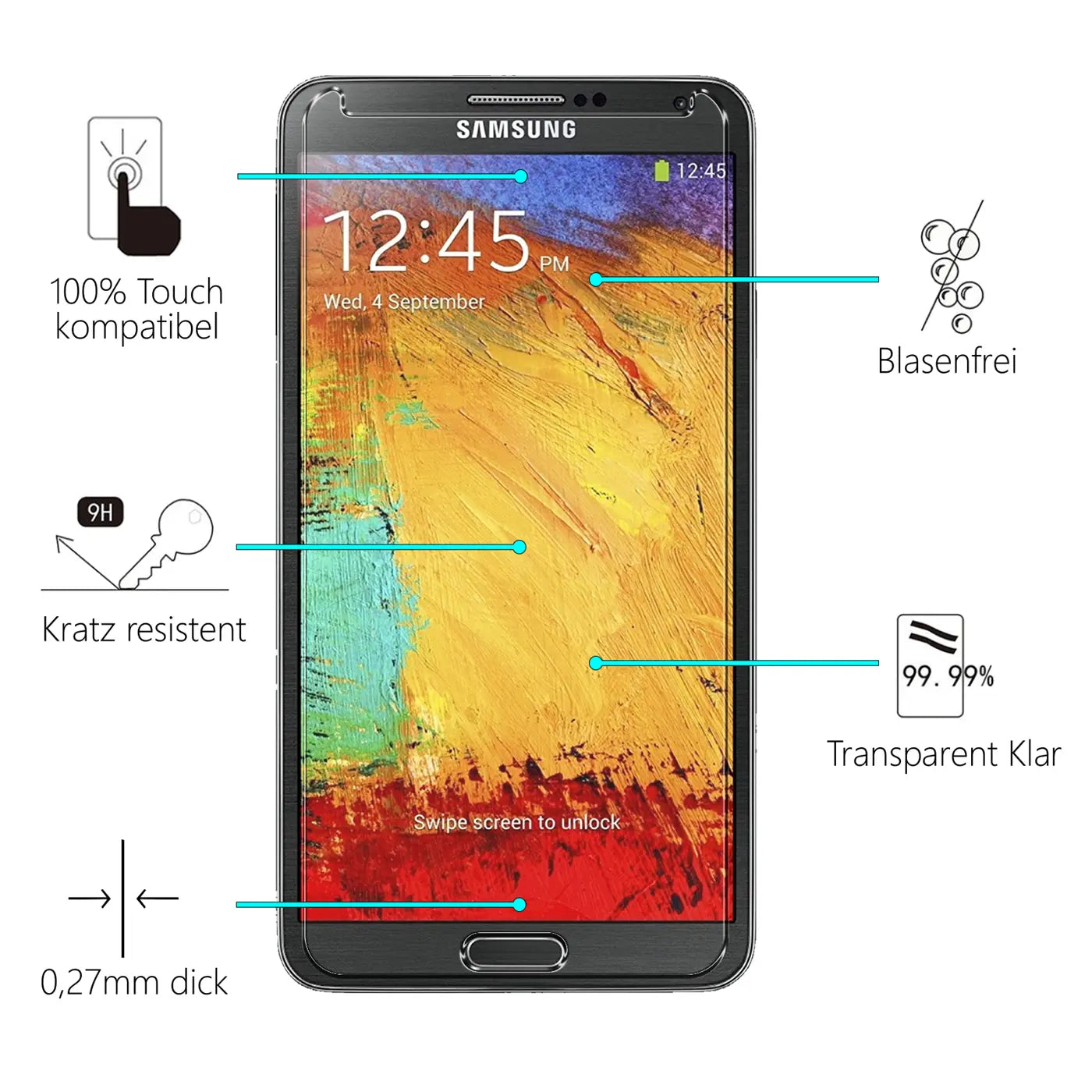 Schwarzes Samsung Galaxy Note 3 mit transparentem Panzerglas-Displayschutz von vorne, umgeben von Produktmerkmalen.